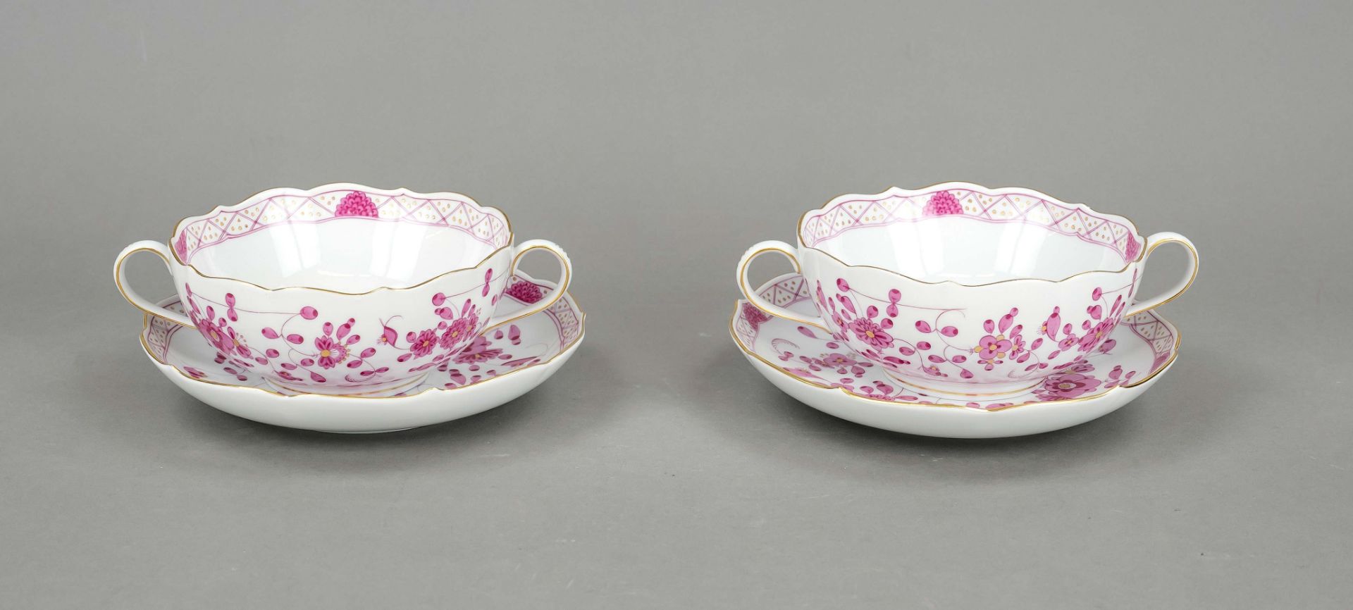 Pair of soup cups with saucers, Meissen, marks after 1972, 1st choice, form New Cutout, decor Indian