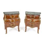Pair of side chests in baroque style, 20th century, walnut veneered, cambered body with three