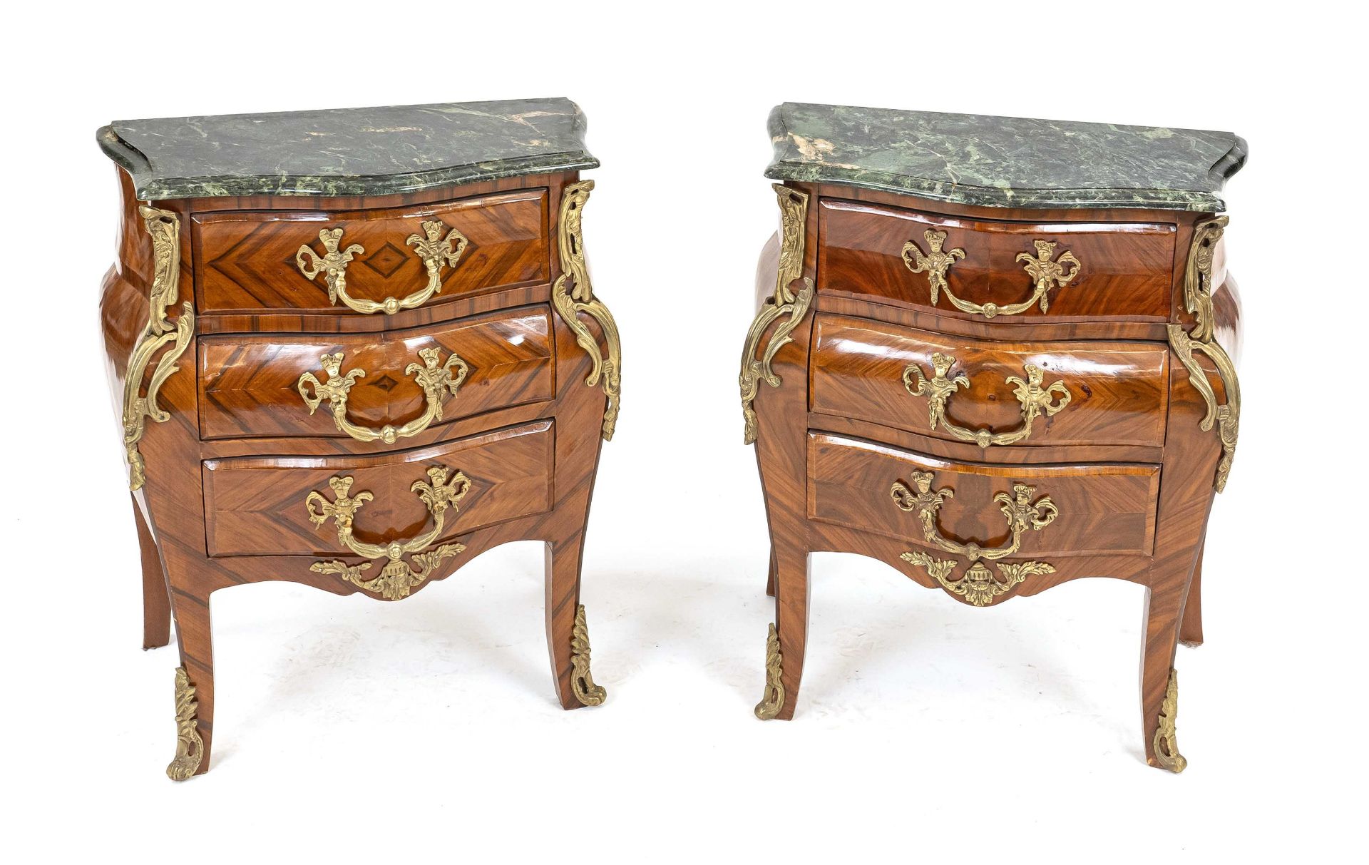 Pair of side chests in baroque style, 20th century, walnut veneered, cambered body with three