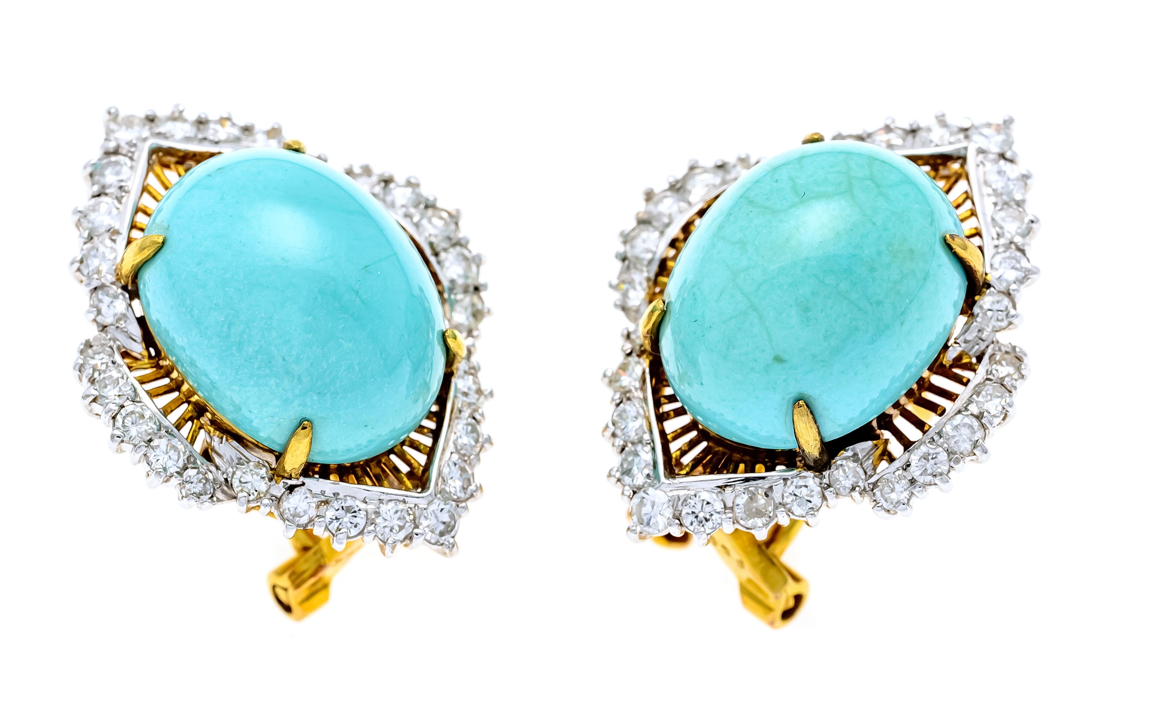 Turquoise diamond clip earrings GG 750/000 with 2 oval turquoise cabochons 13,5 x 11 mm and 58