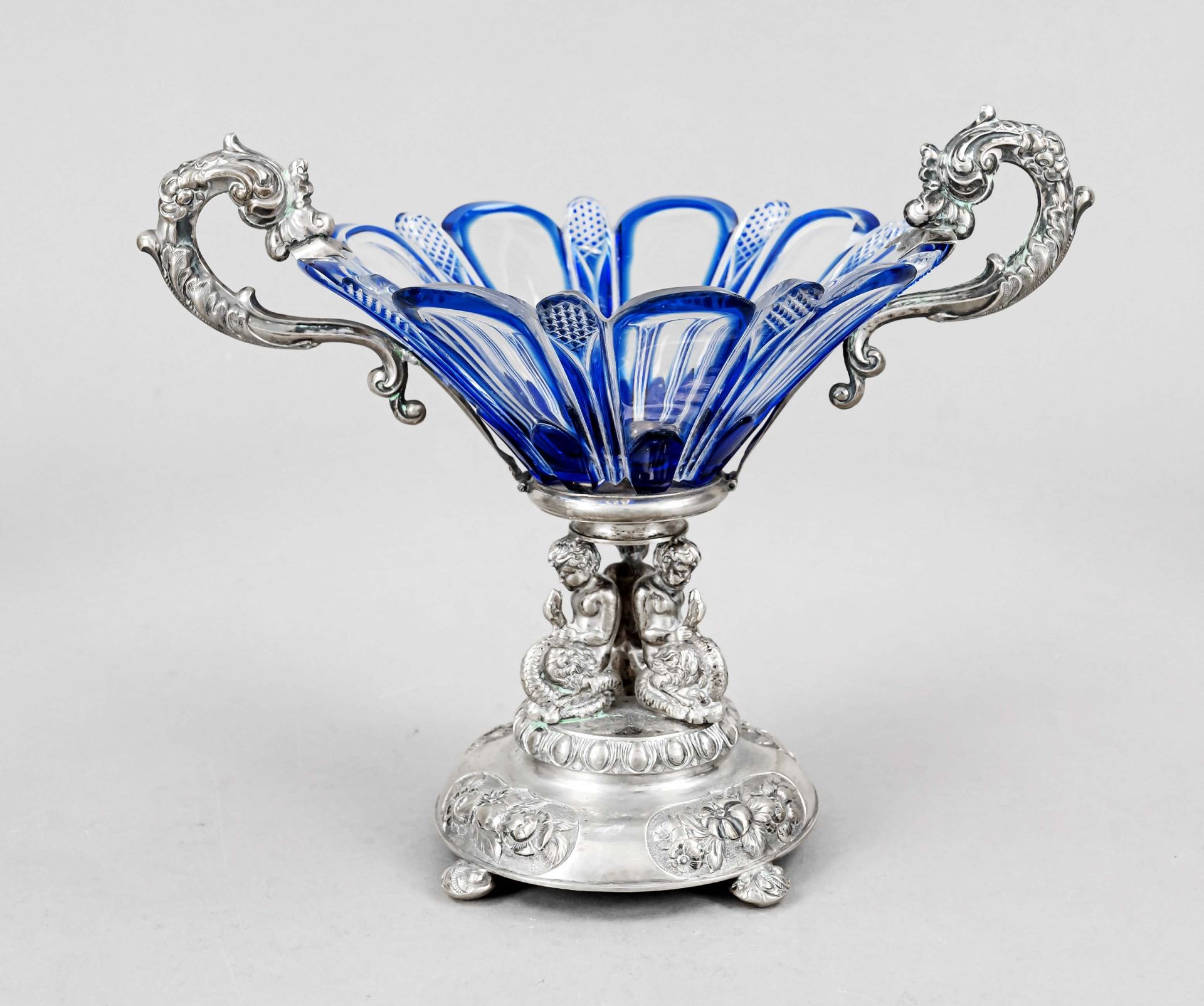 Silver mounted centerpiece, 19th century, silver tested, round domed stand with 4 depressed ball