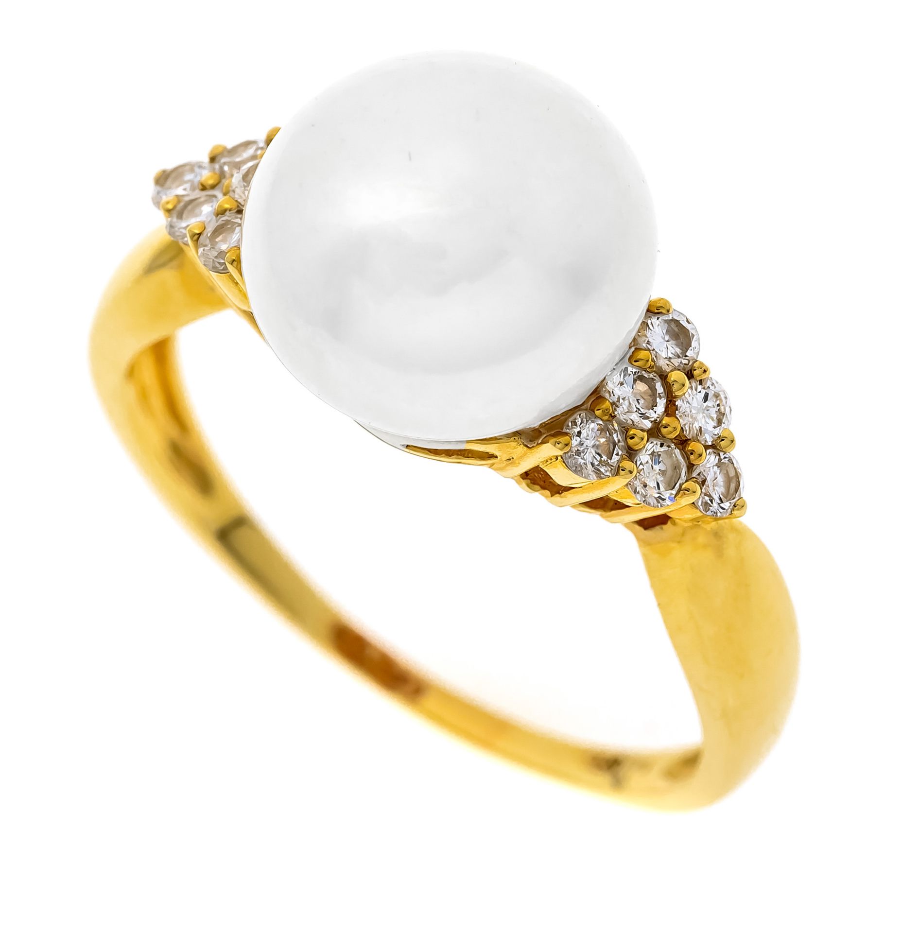 Pearl-cut diamond ring GG 585/000 with one white bouton-shaped cultured pearl 11.5 mm and 10