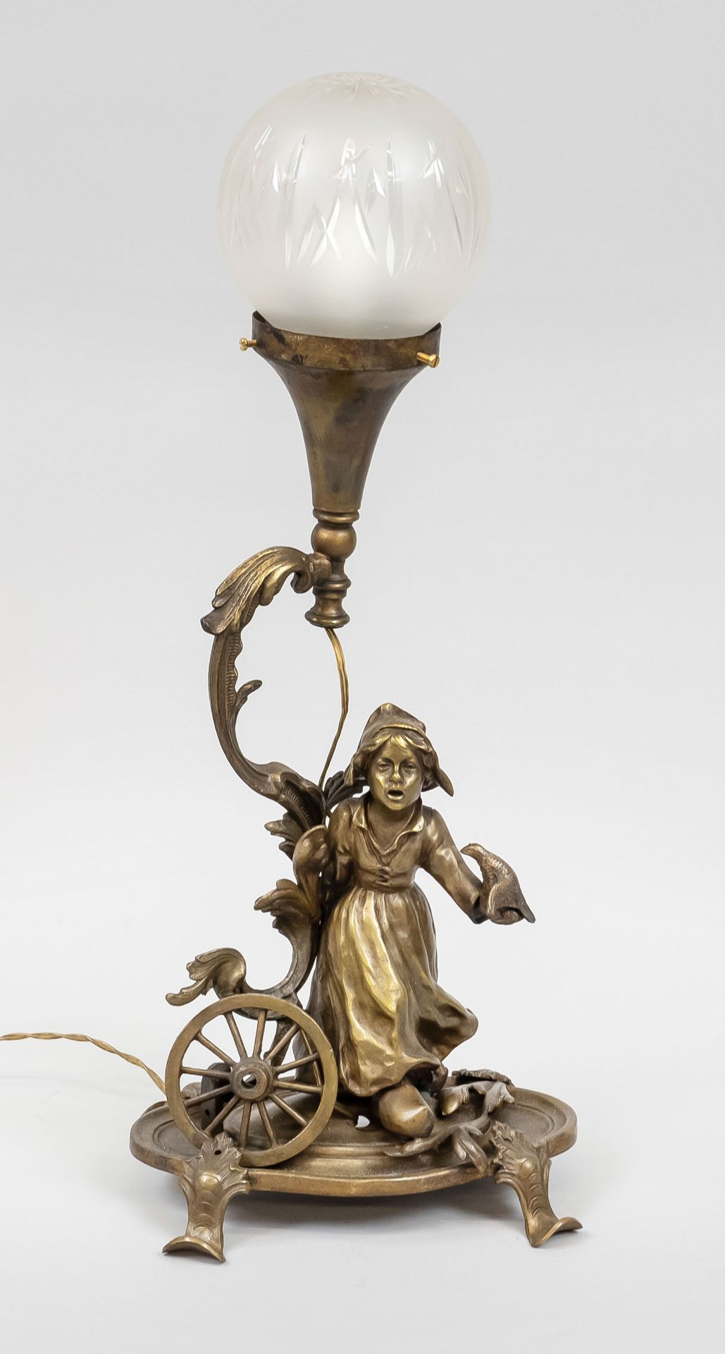 Figural table lamp, Holland, 19th/20th c., bronze. Running girl with bird on her arm, fitting curved