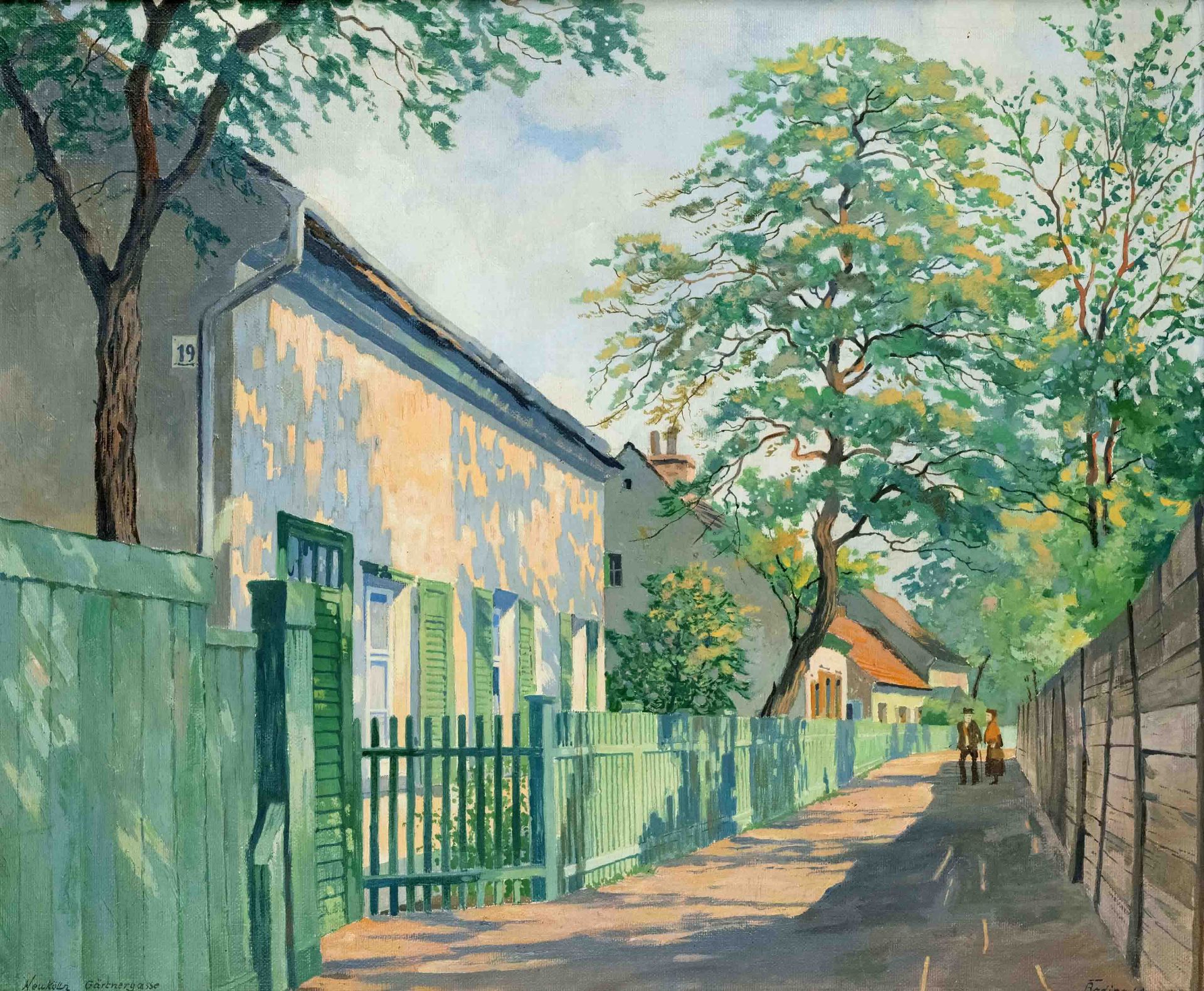 Hermann Bading, Berlin painter 1st half 20th century, summer view of Gärtnergasse in Neukölln, oil