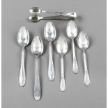 19 coffee spoons and one sugar tongs, 20th c., silver different finenesses, 4 different decorations,