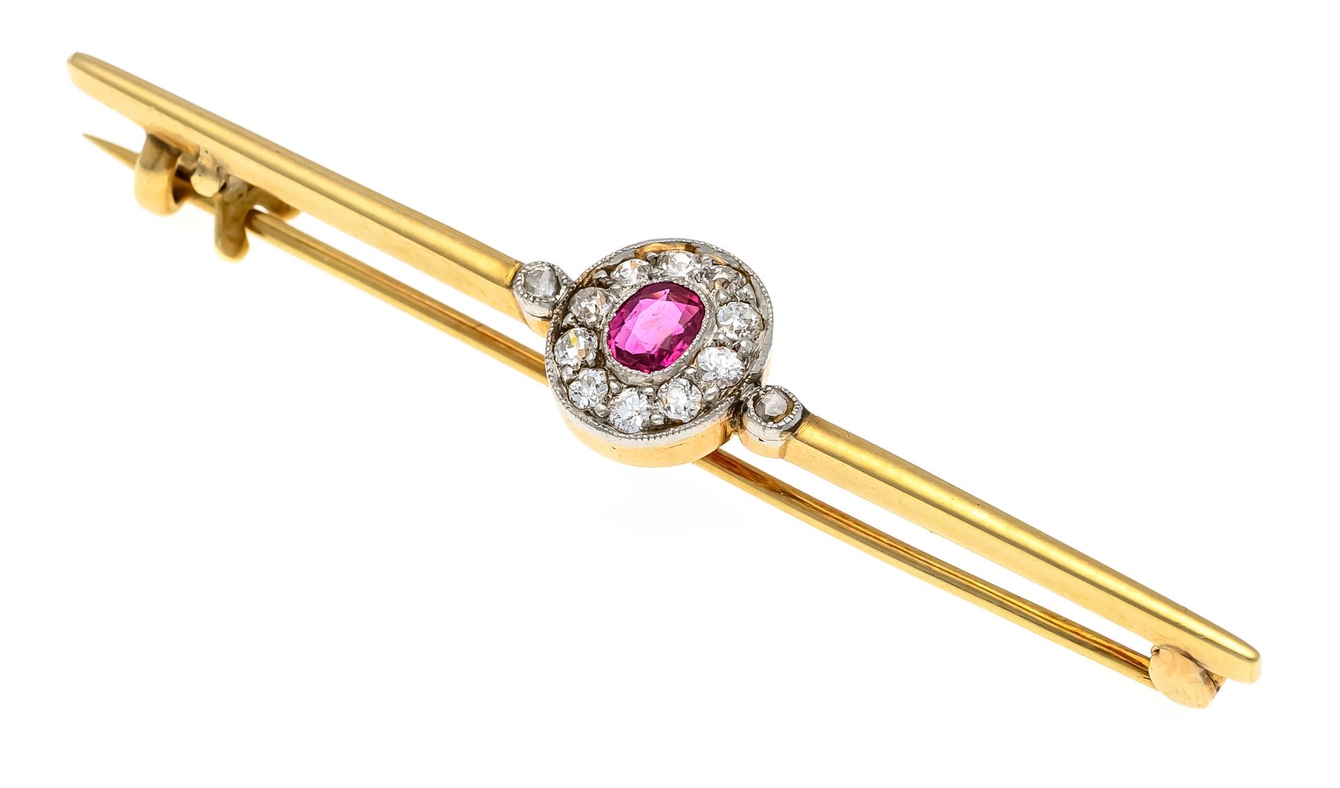 Ruby old-cut diamond pin GG/WG 585/000 with an oval faceted ruby 4,2 x 3,2 mm, red, transparent with