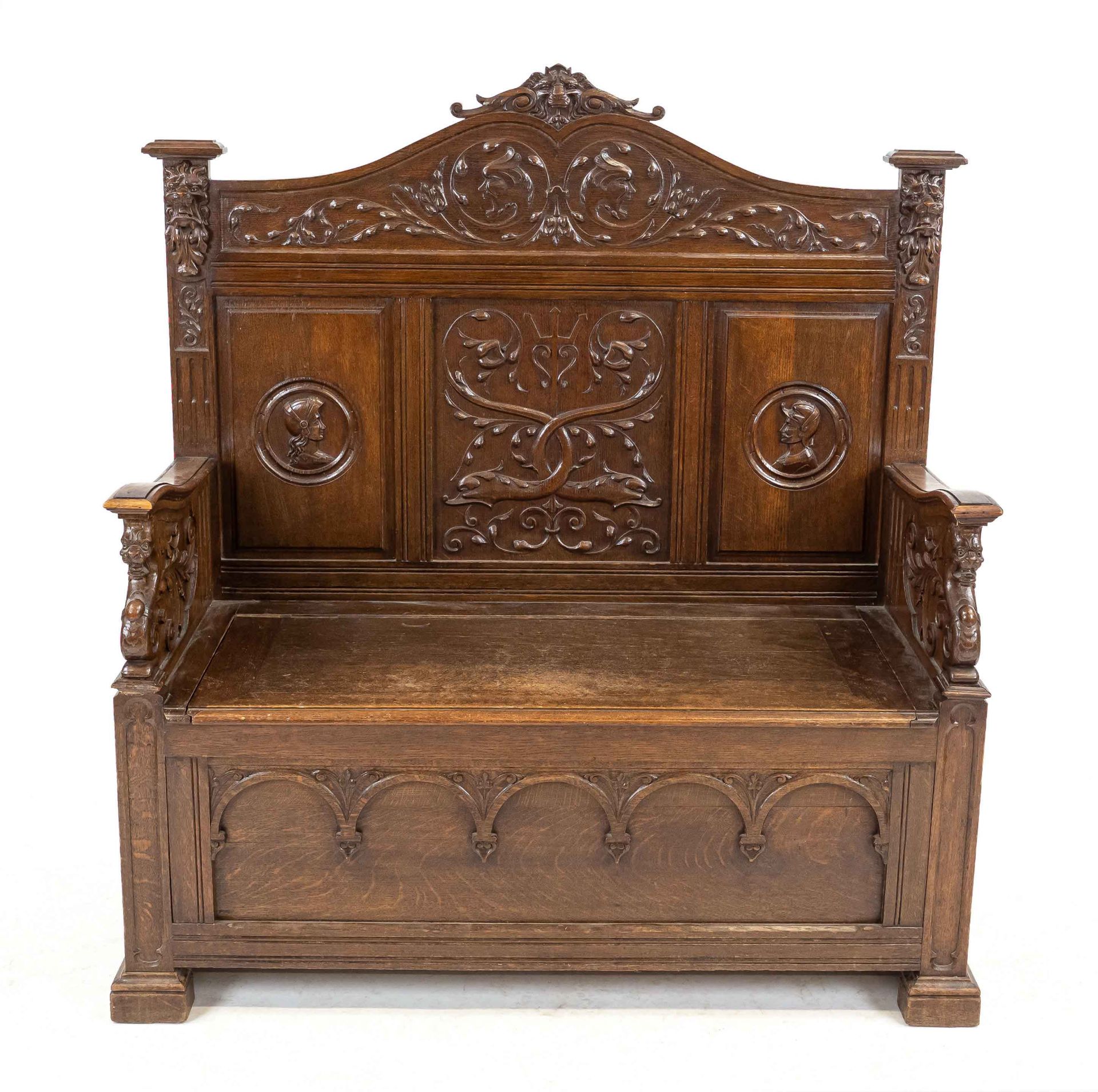 Renaissance-style chest bench, 19th century, solid oak, carving typical for the style, 135 x 122 x