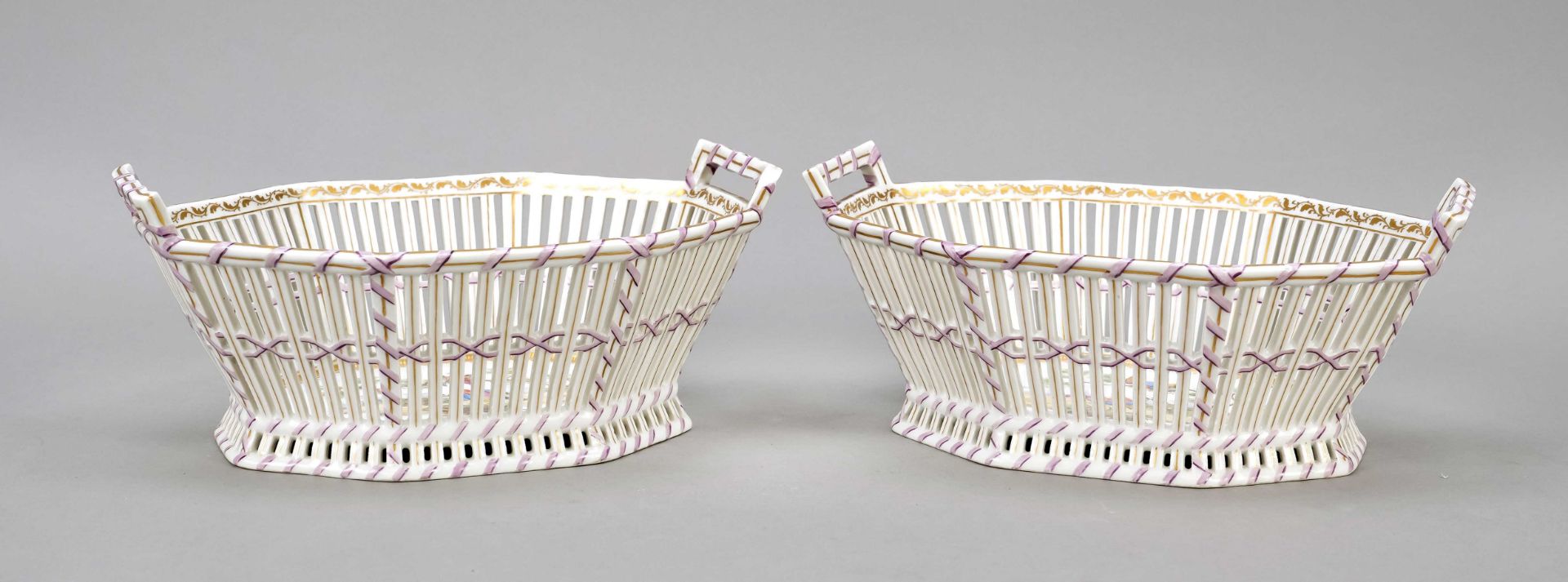 Two basket bowls, KPM Berlin, 20th c., Sevres imitation mark, 2nd choice, classicistic form with - Image 2 of 2