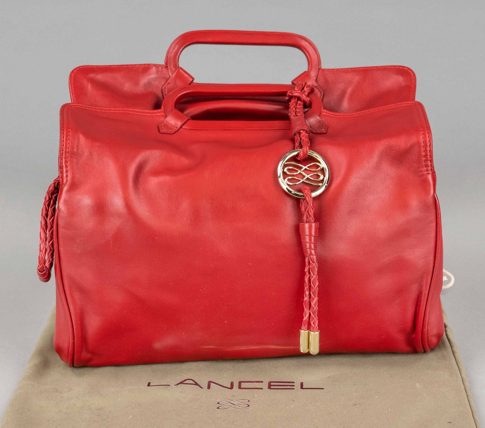 Lancel, small vintage handbag, soft and supple burgundy smooth leather, gold-tone hardware, short