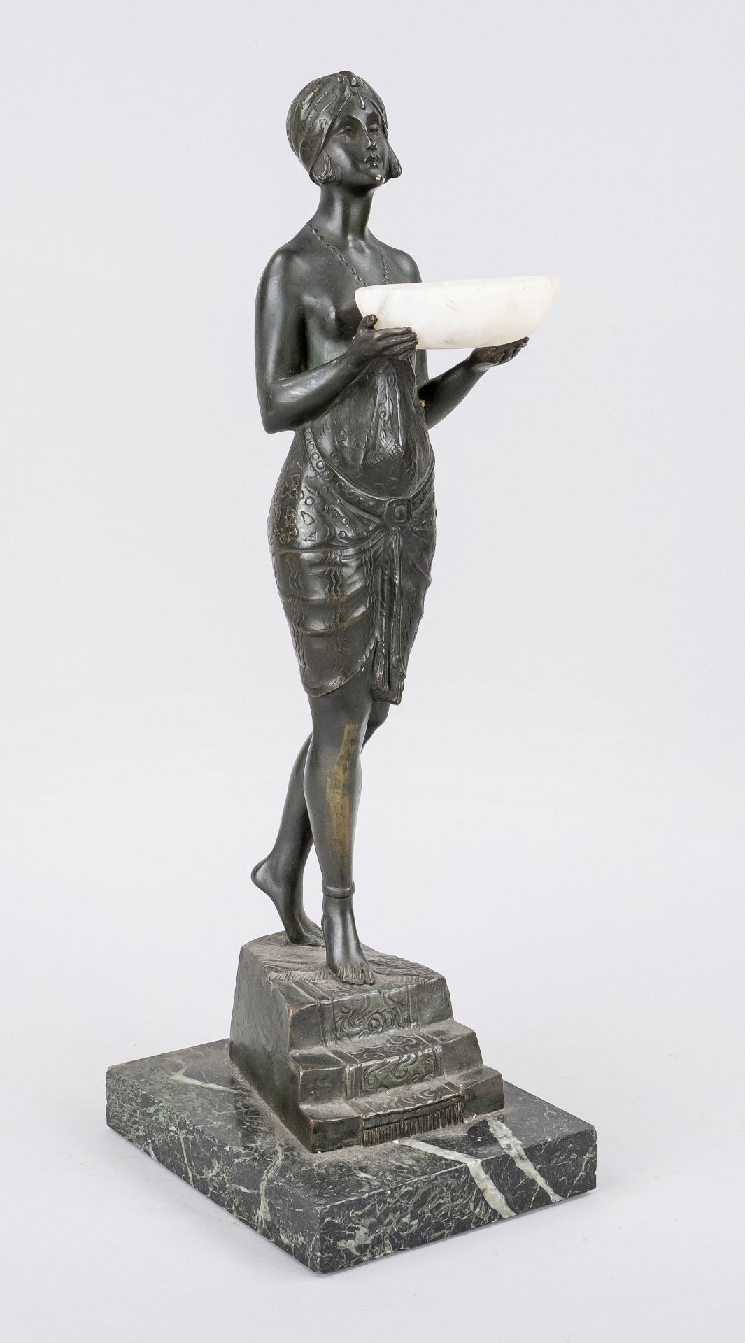 Pierre le Faguays (1892-1962), French Art Deco sculptor, striding semi-nude with alabaster bowl,