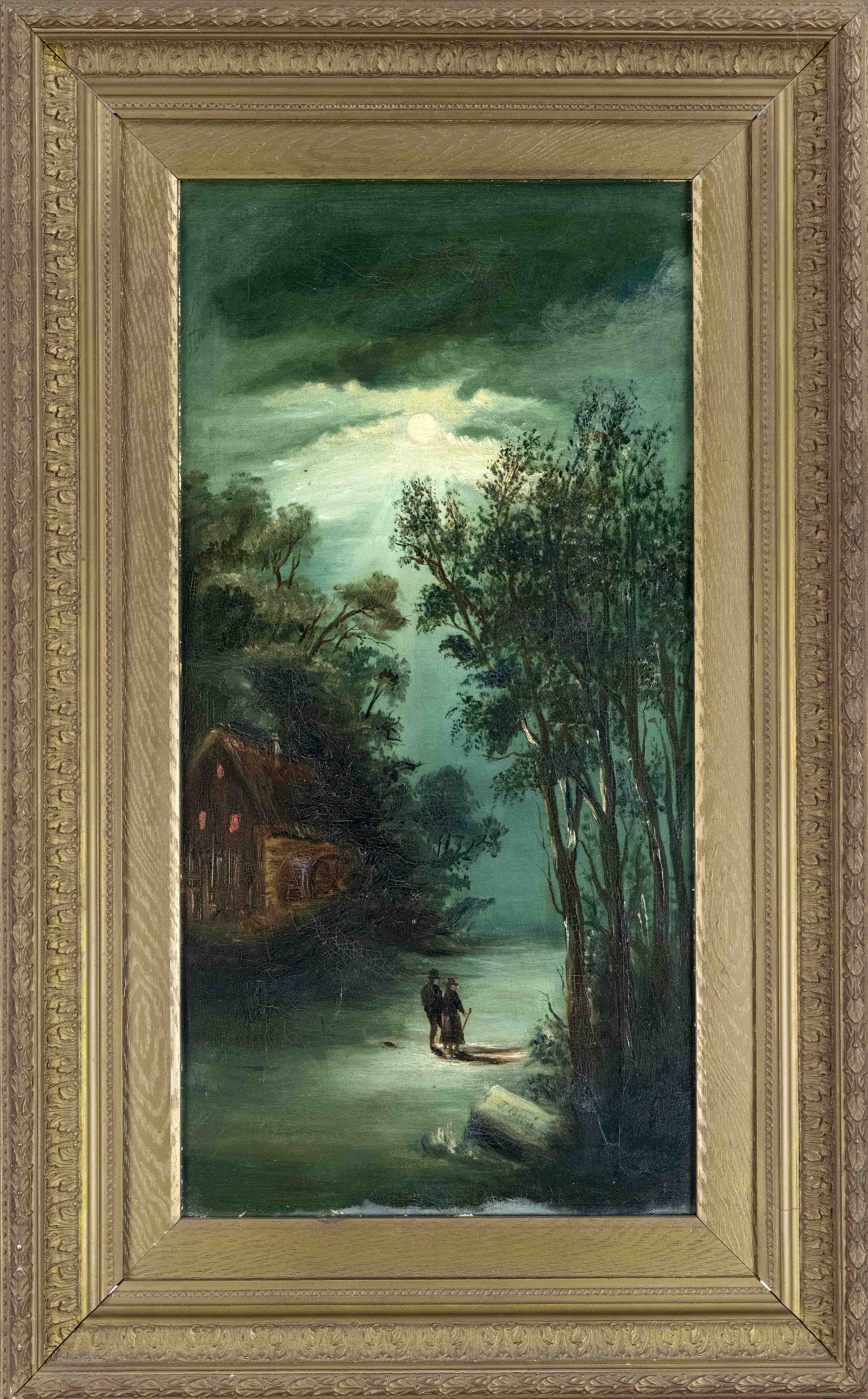 Anonymous painter 2nd half of the 19th century, Forest landscape at full moon with figure