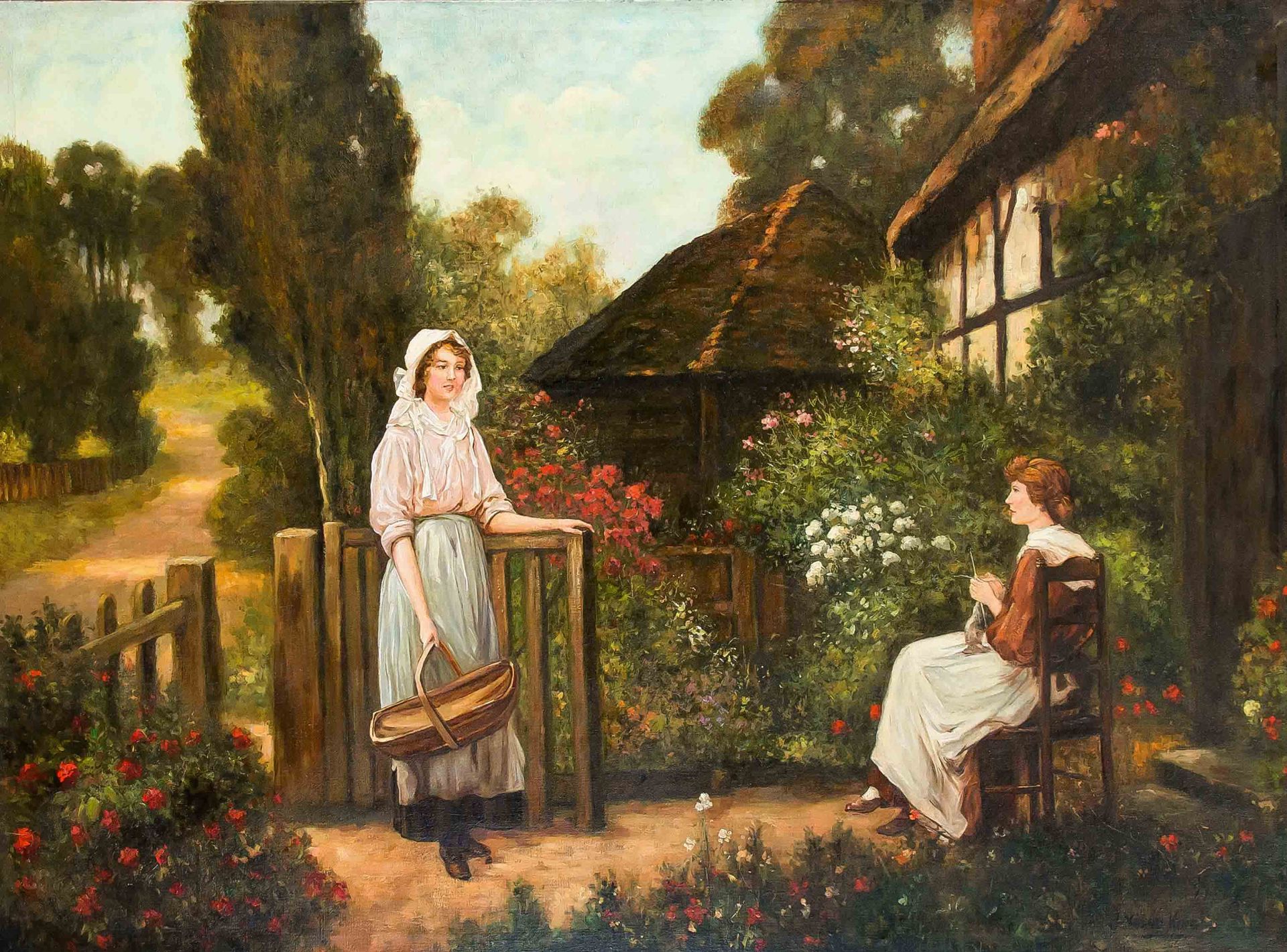 Henry John Yeend King (1855-1924), British painter, Two Girls in the Garden, major work, oil on