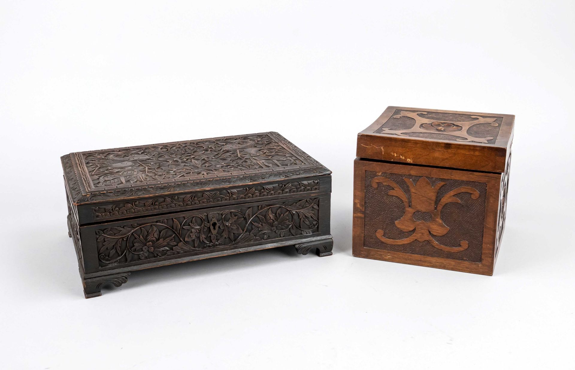 2 Wooden caskets, late 19th c., 1 x cube-shaped walnut, all sides carved with large floral