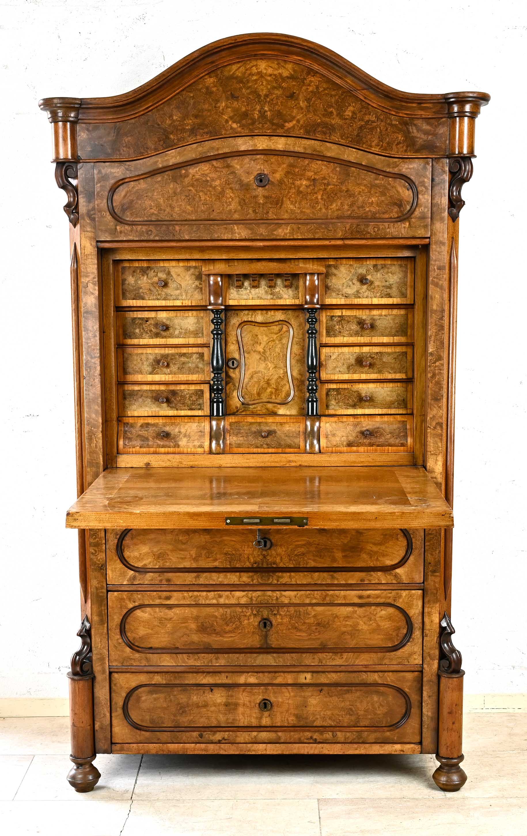 Standing secretary around 1870, Louis-Philippe, burr walnut veneered and partly ebonized, corpus