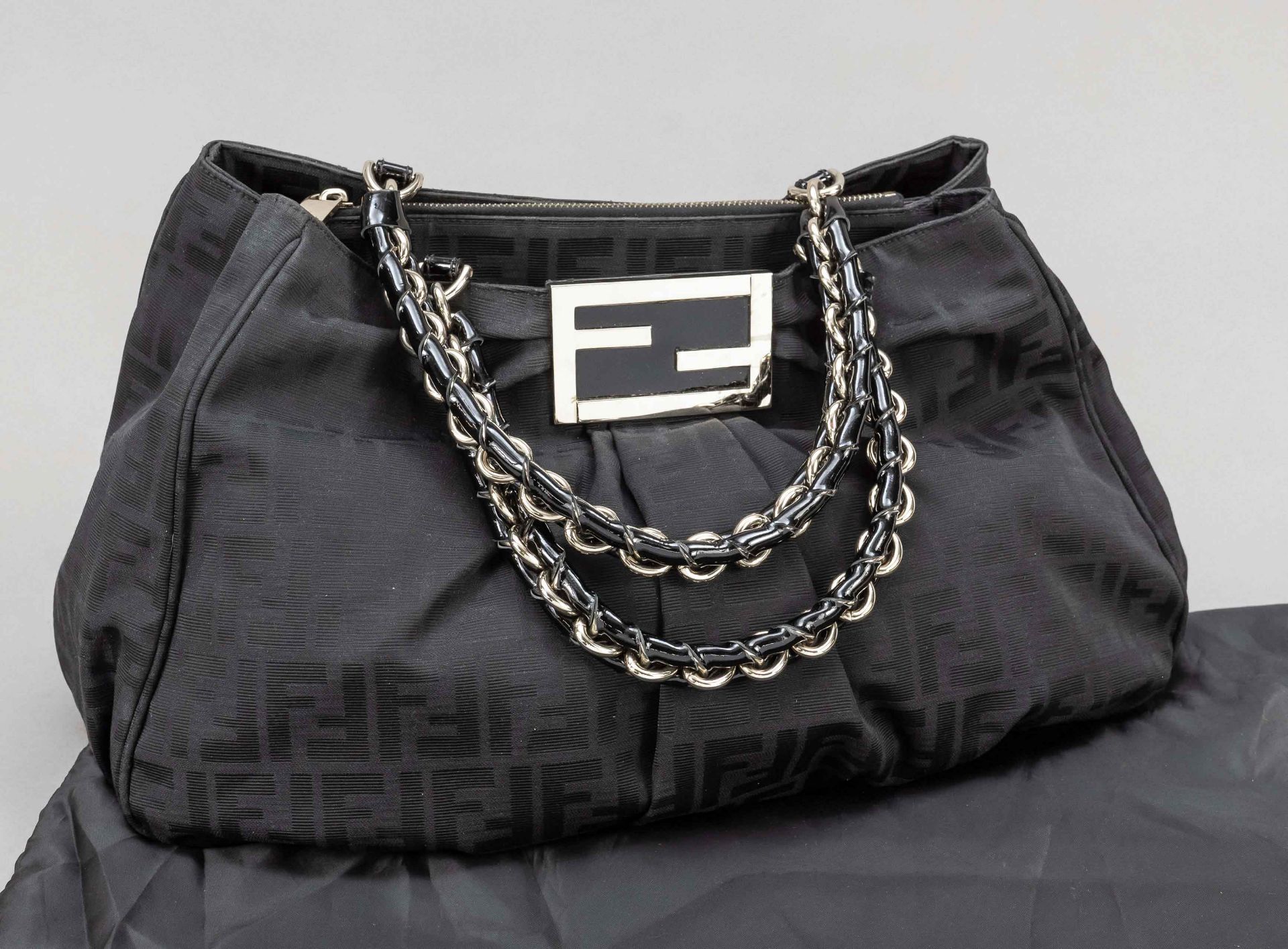 Fendi, Hobo Shoulder Bag, gathered black fabric with woven logo in repeat, gold-tone hardware, short