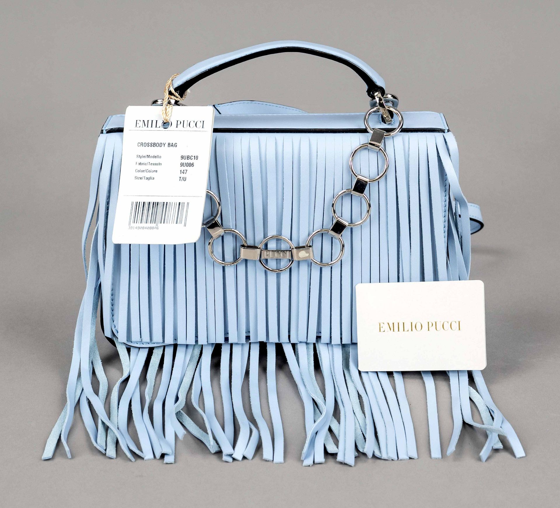 Emilio Pucci, Crossbody Bag, light blue smooth leather with black contrasting edges, silver-tone