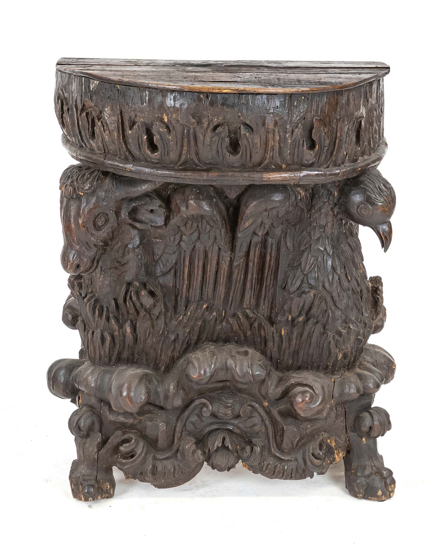 Console table/decorative object, probably 18th century, carved wood, depiction of ox and bird,