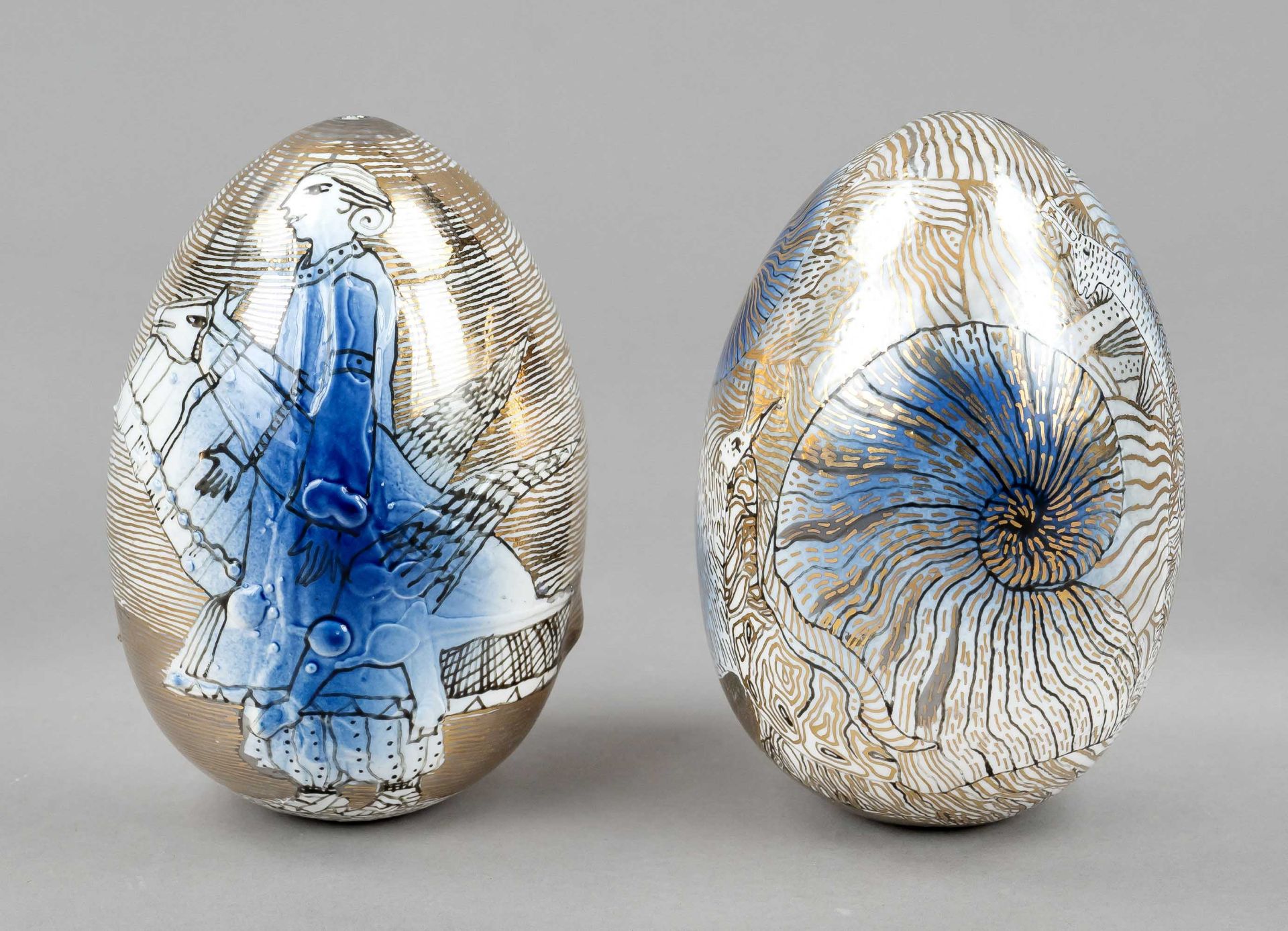 Pair of ornamental eggs, unique, design Tatiana Charpurgina, signed and dated 2010, painted with