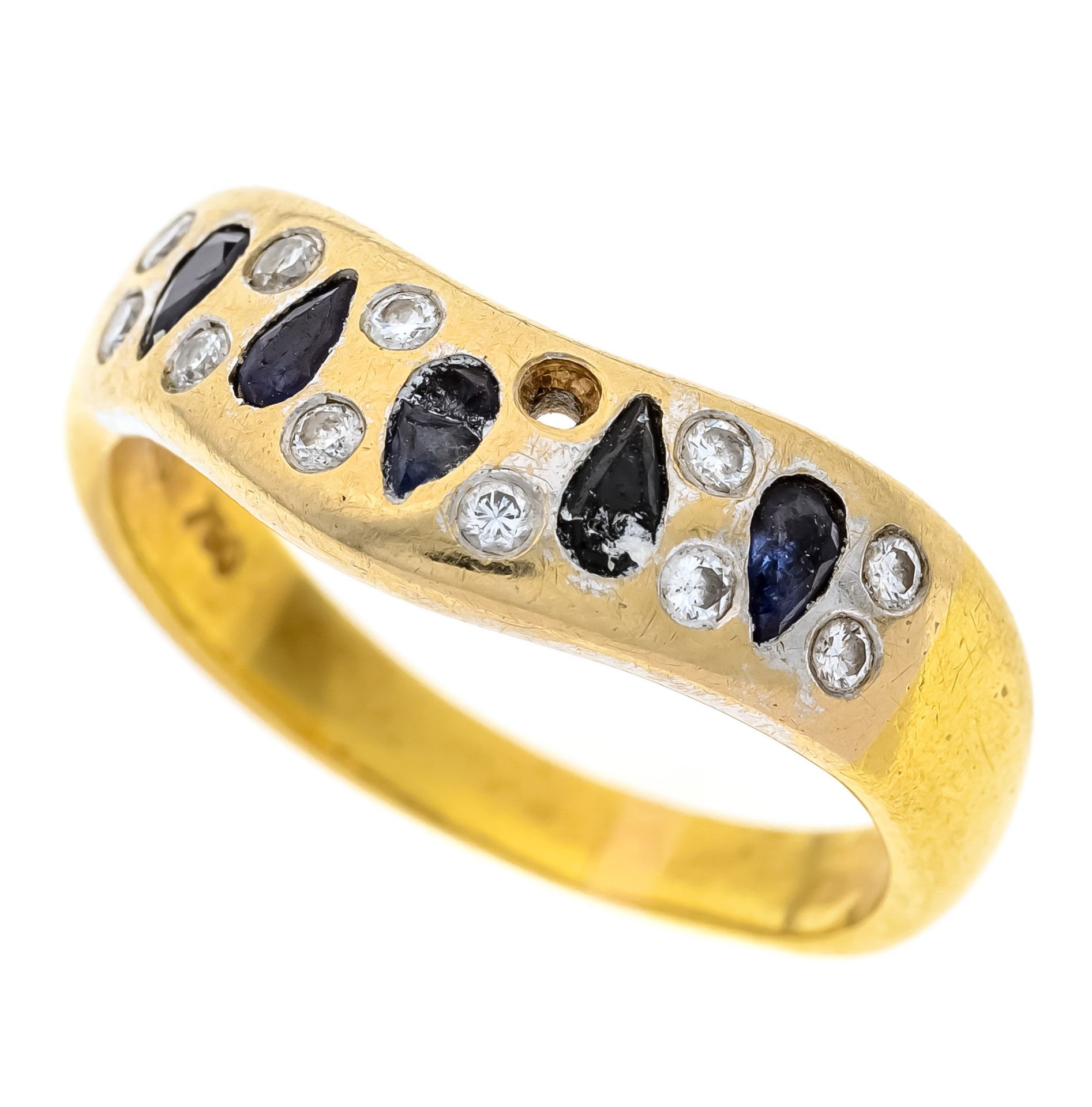 Sapphire diamond ring GG 750/000 with 5 faceted sahiren drops 3,5 x 2 mm, dark blue, opaque,