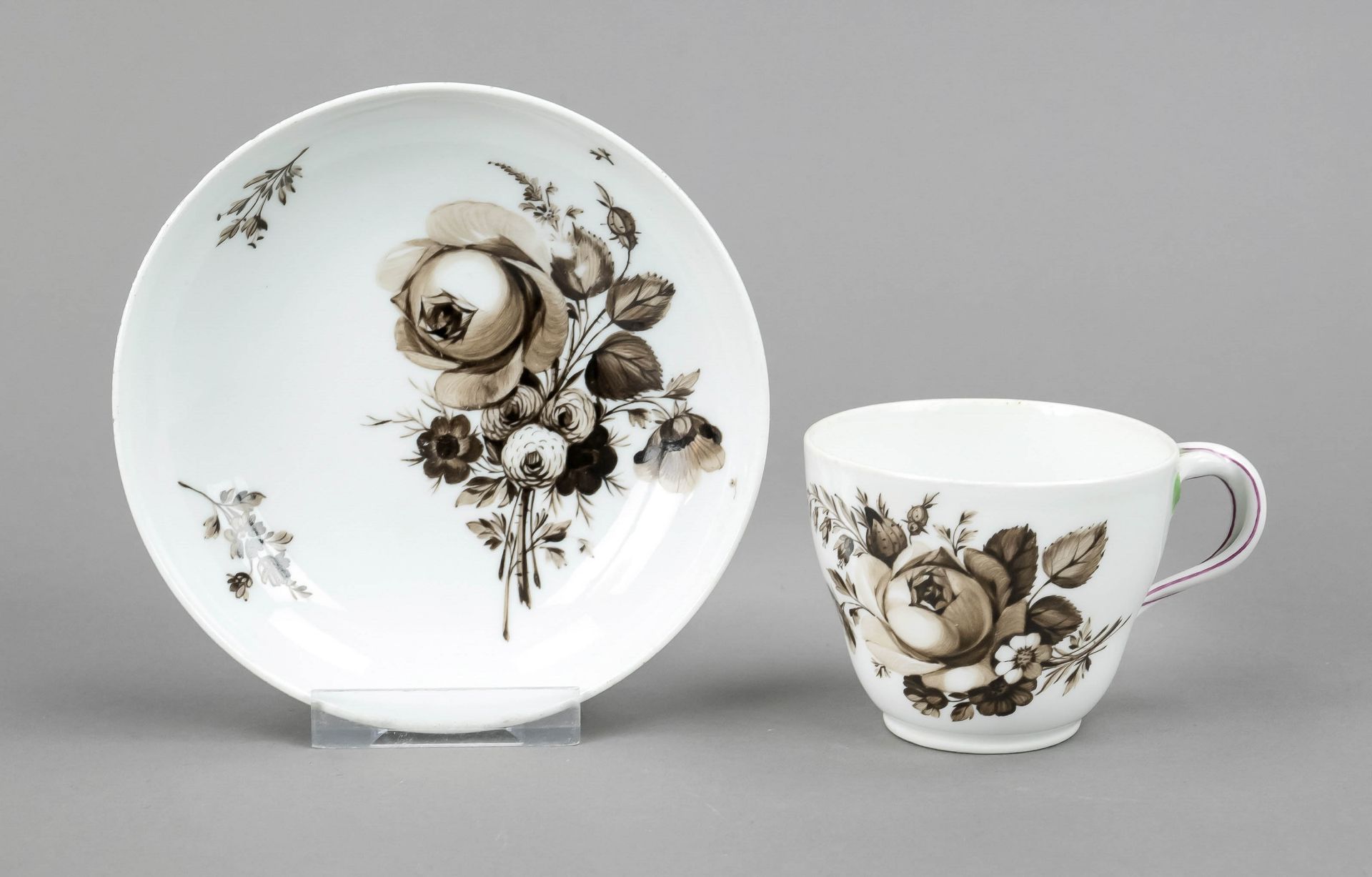 Coffee cup and saucer, Meissen, Marcolini mark 1774-1817, double handle, rose painting in black,