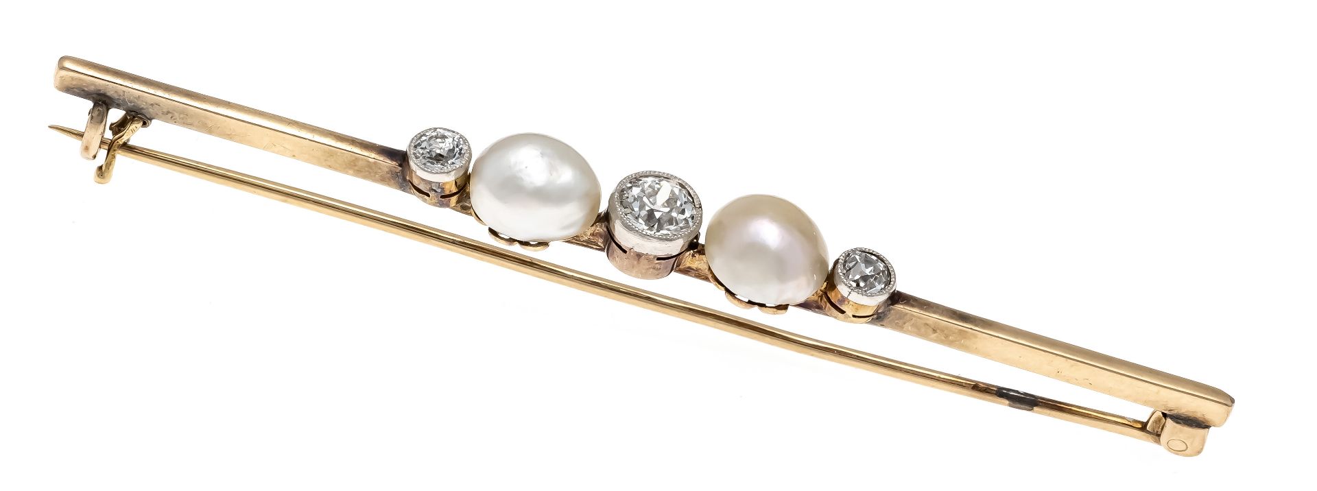 Old-cut diamond pearl pin GG/WG 585/000 with 2 white half pearls 7 - 6 mm and 3 old-cut diamonds, - Image 2 of 2