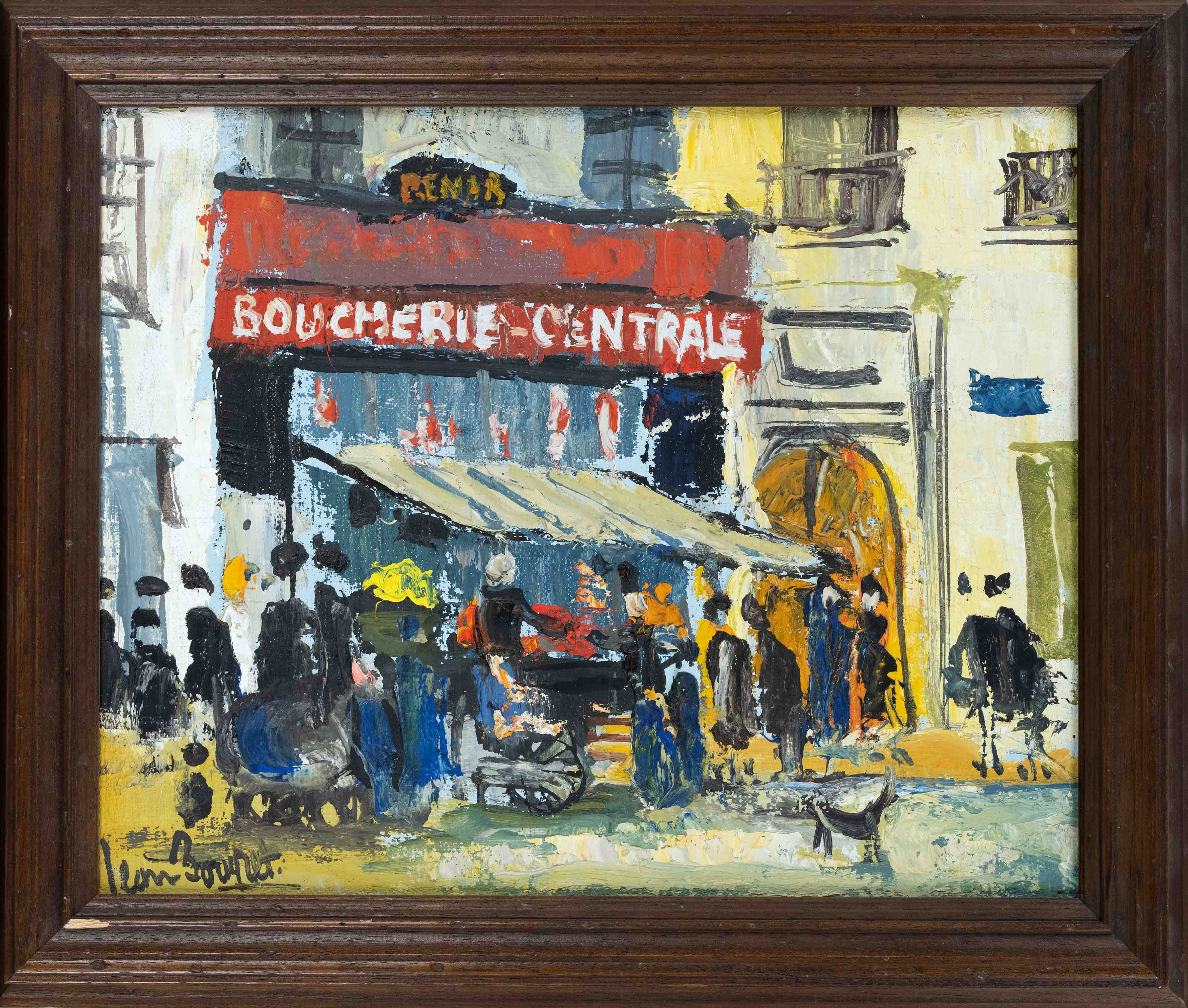 Jean Bougret (*1922), French street scene with snake in front of a boucherie, oil on canvas,