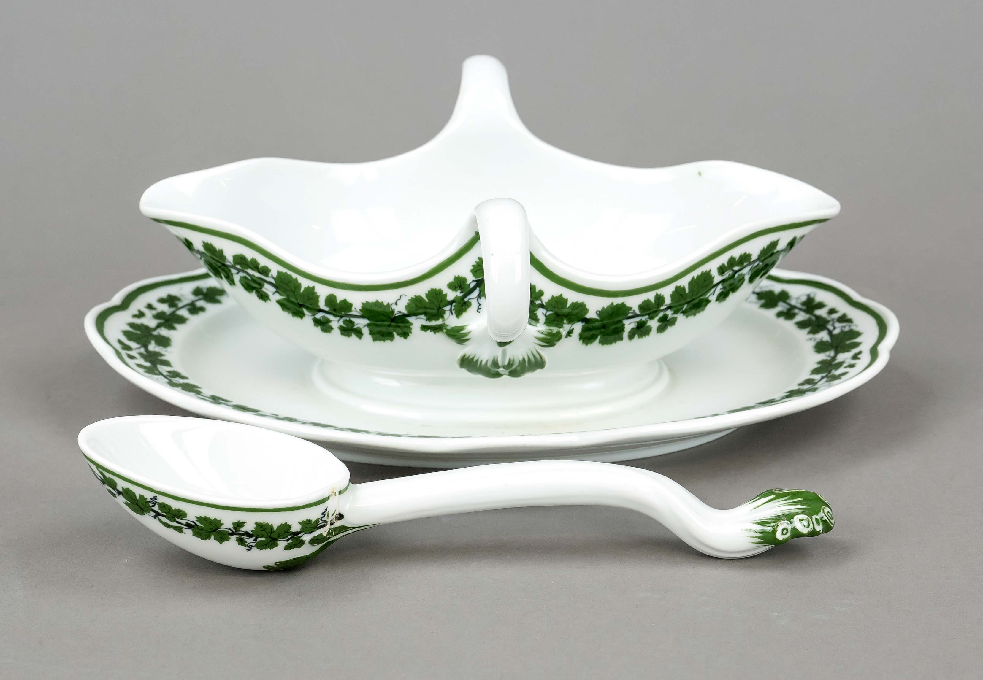 Souciere with spoon, Meissen, mark after 1934, 1st choice, form New cut-out, decor Vine leaves in