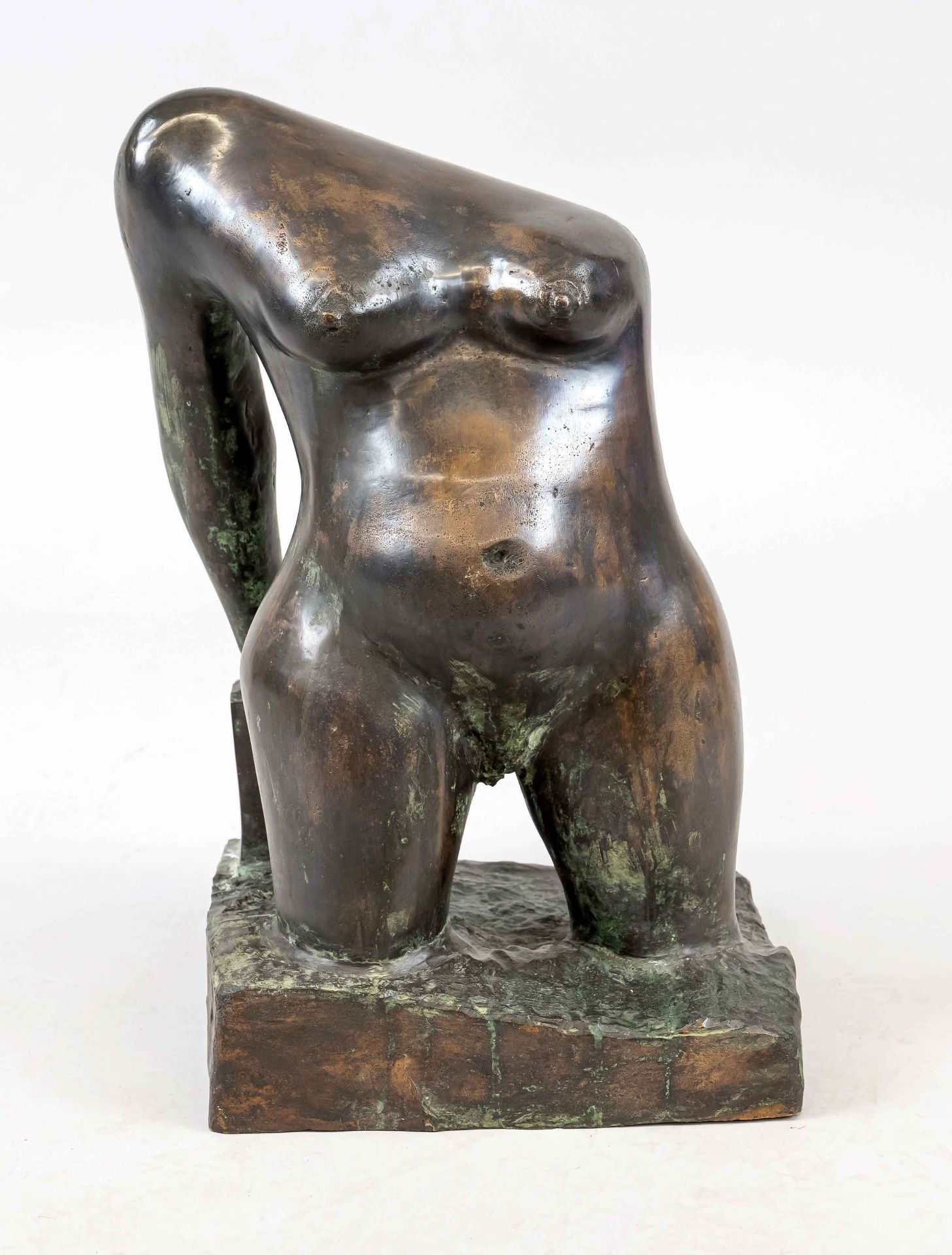 Monogramist HR, end of 20th c., abstracted female torso, dark brown patinated bronze on square