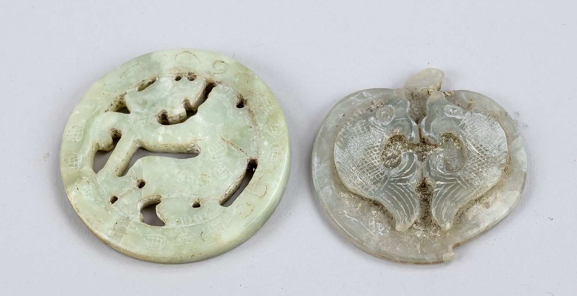 Bixie disc and peach amulet, China, probably Qing dynasty(1644-1912) 18th/19th century, jade-like