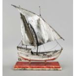 Miniature sailing ship, Italy, 20th c., Florence, sterling silver 925/000, sails bent, on stone