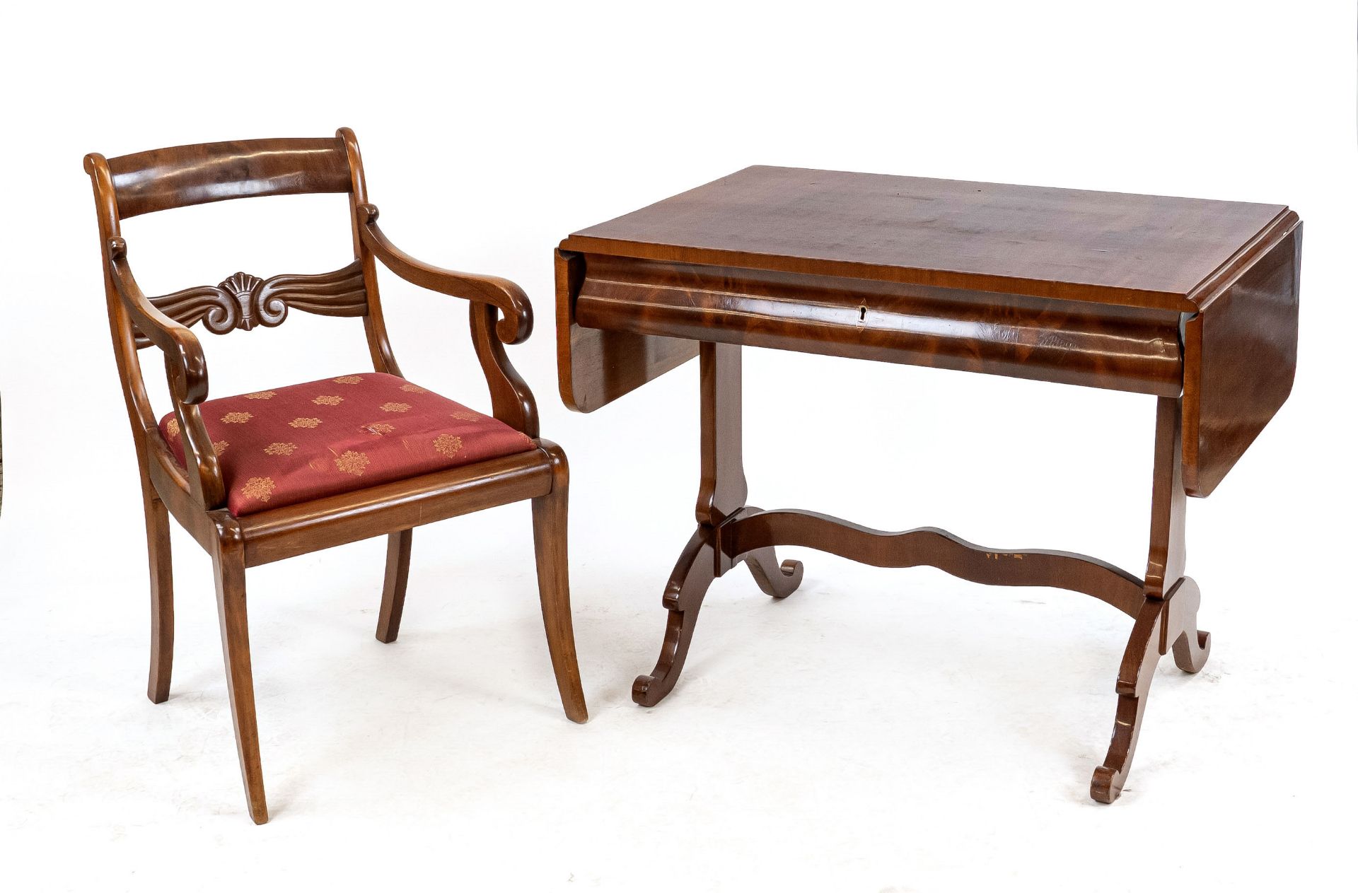 Biedermeier folding table around 1830 with matching chair (20th c.), solid mahogany and veneered, 76