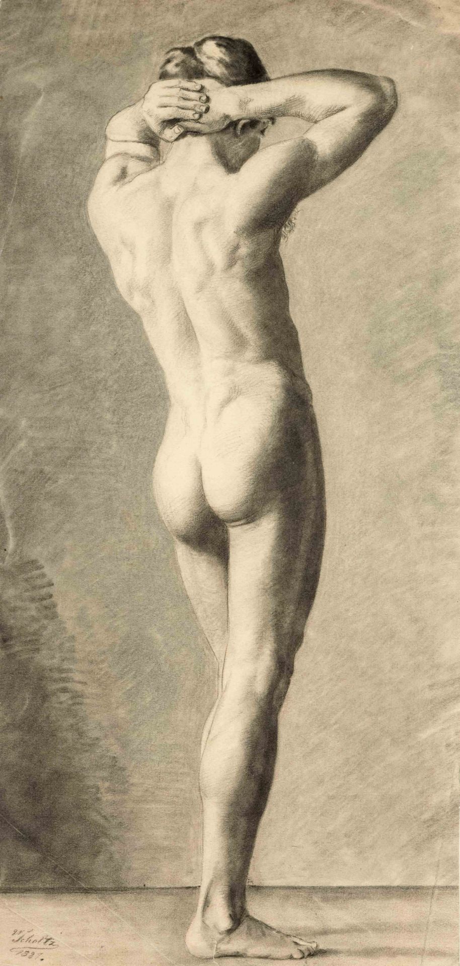 Walther Scholtz (1861-1910), Dresden painter, standing supine figure with hands clasped behind head,