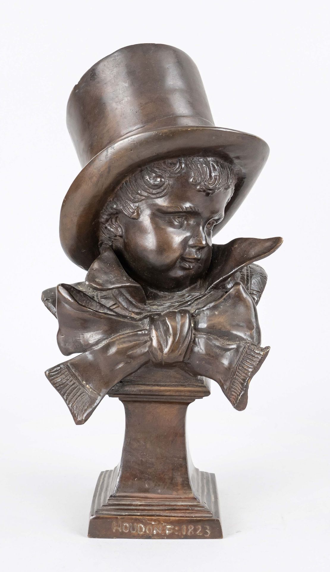 Bust of a child with a top hat, bronze casting of the 21st century after Houdon, dark brown