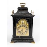 English table clock ebonized wooden case, 2 colored dial with black roman numerals, blued hands,