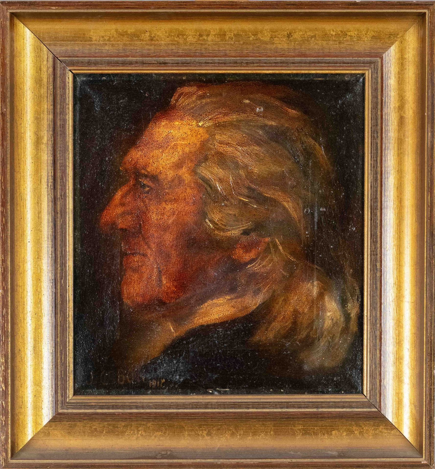 J. Gabor, 1st half of the 20th century, profile portrait of a man with long hair, oil on canvas,