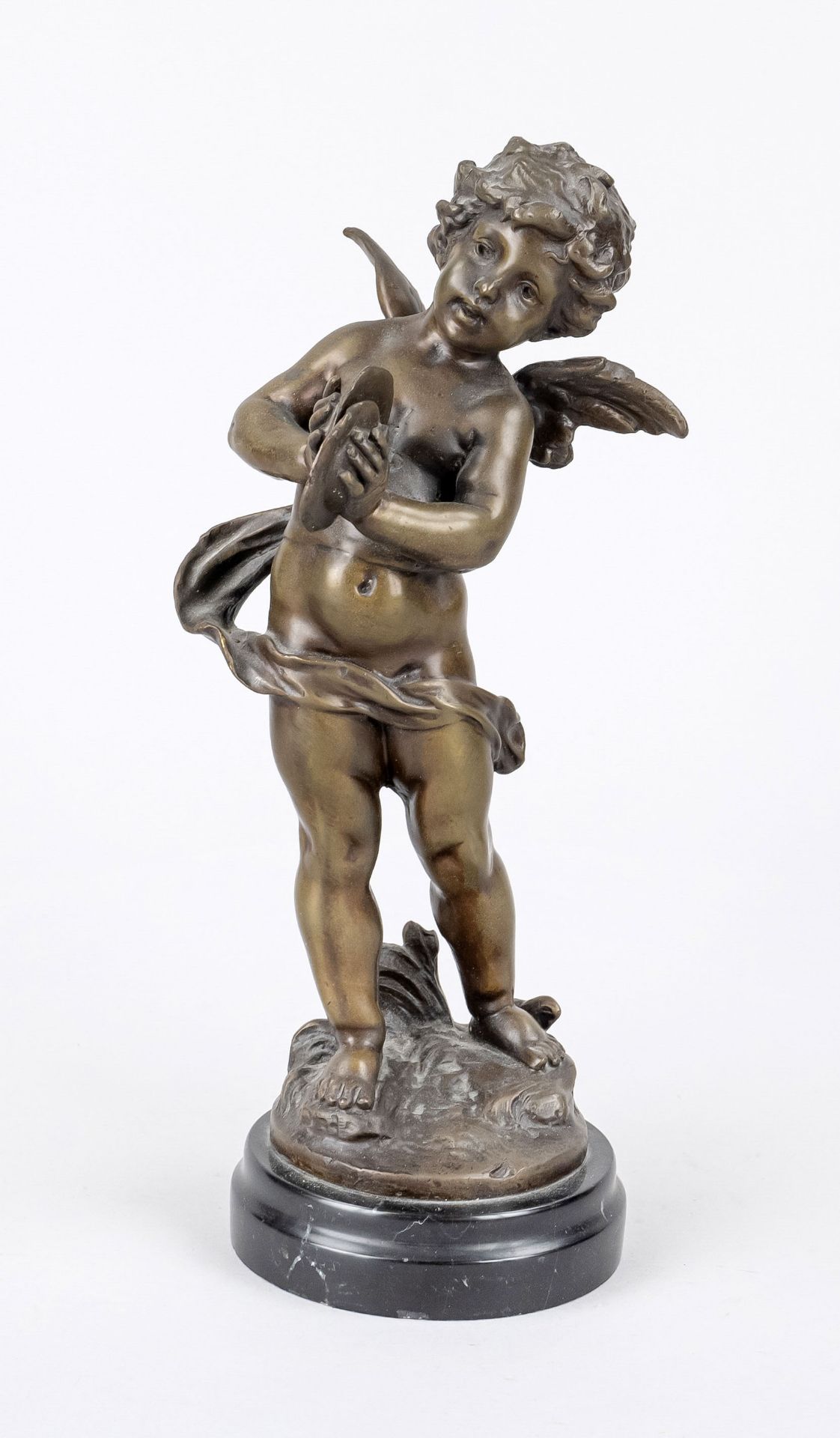 L.F. Moreau, french sculptor of the 19th century, standing putto with basin, patinated bronze on