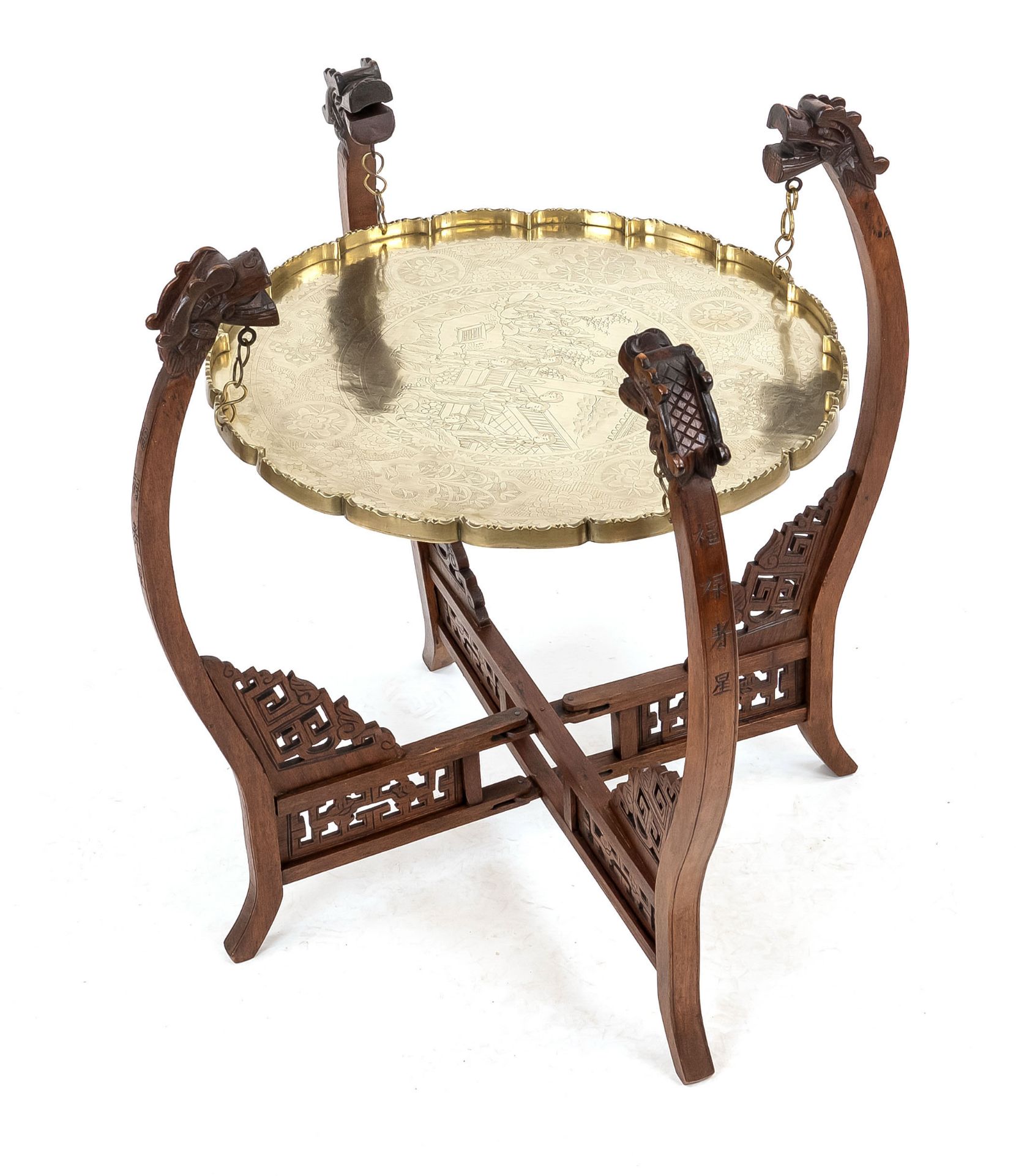 Tray table in dragon frame, China, 20th c., flower-shaped lobed brass tray with engraved work of