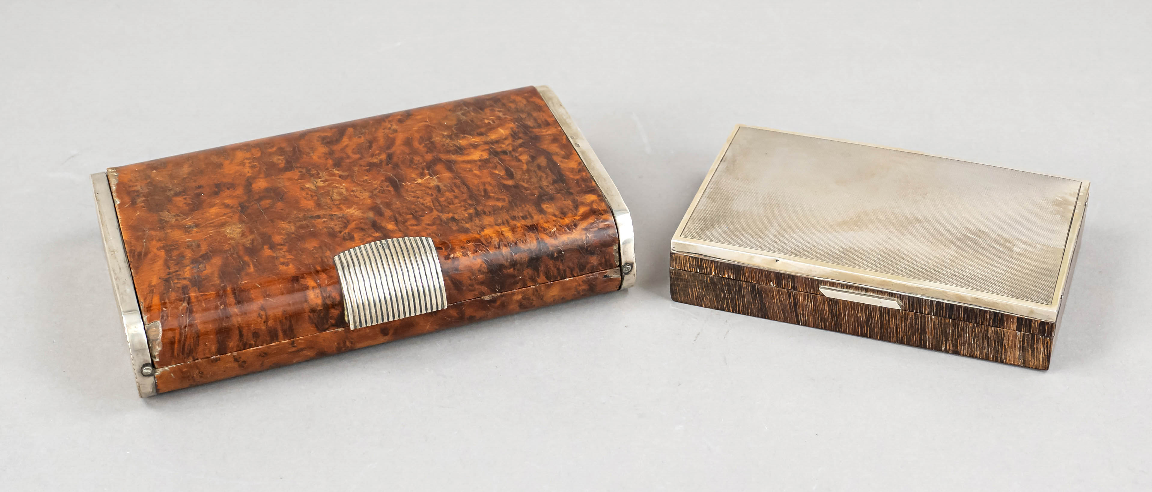 Cigar box and cigarette box, Italy, 20th c., each with mountings, silver 800/000, wooden body, l. 15