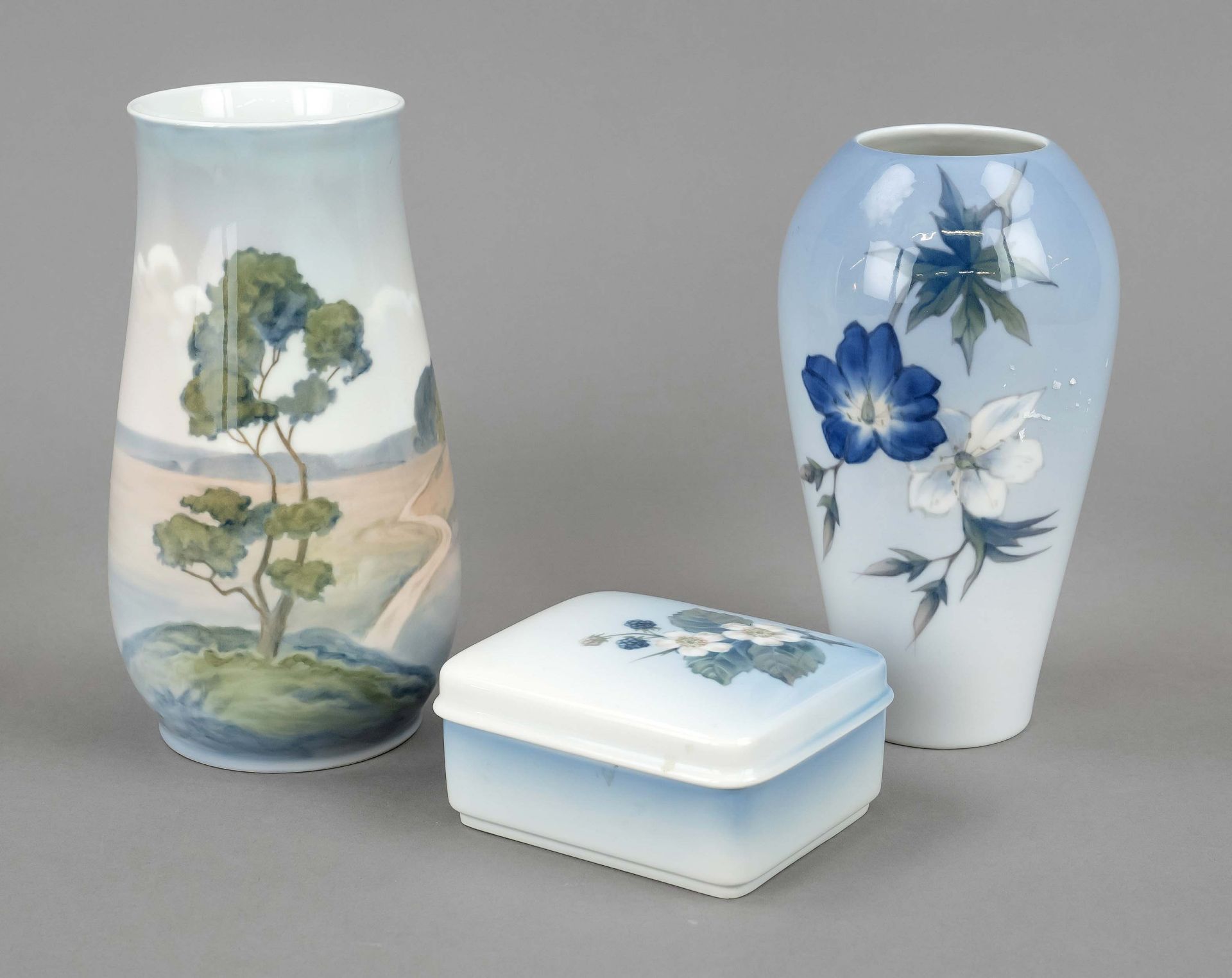 Two vases and 1 box, Denmark, 20th c., vase with flower branch, Royal Copenhagen, model no. 2679-