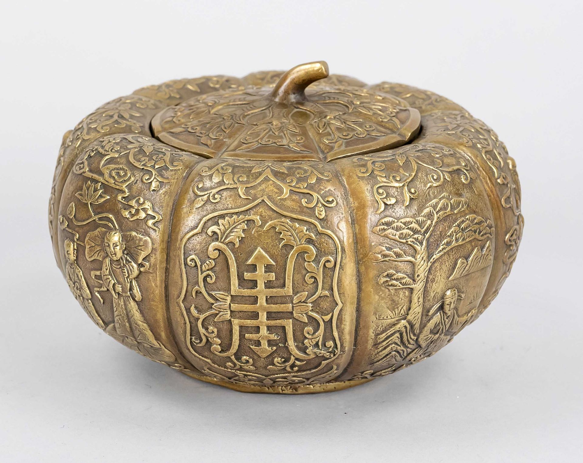 Gourd box, China, 20th c., brass with vine work and figural decoration, apocryphal four-character