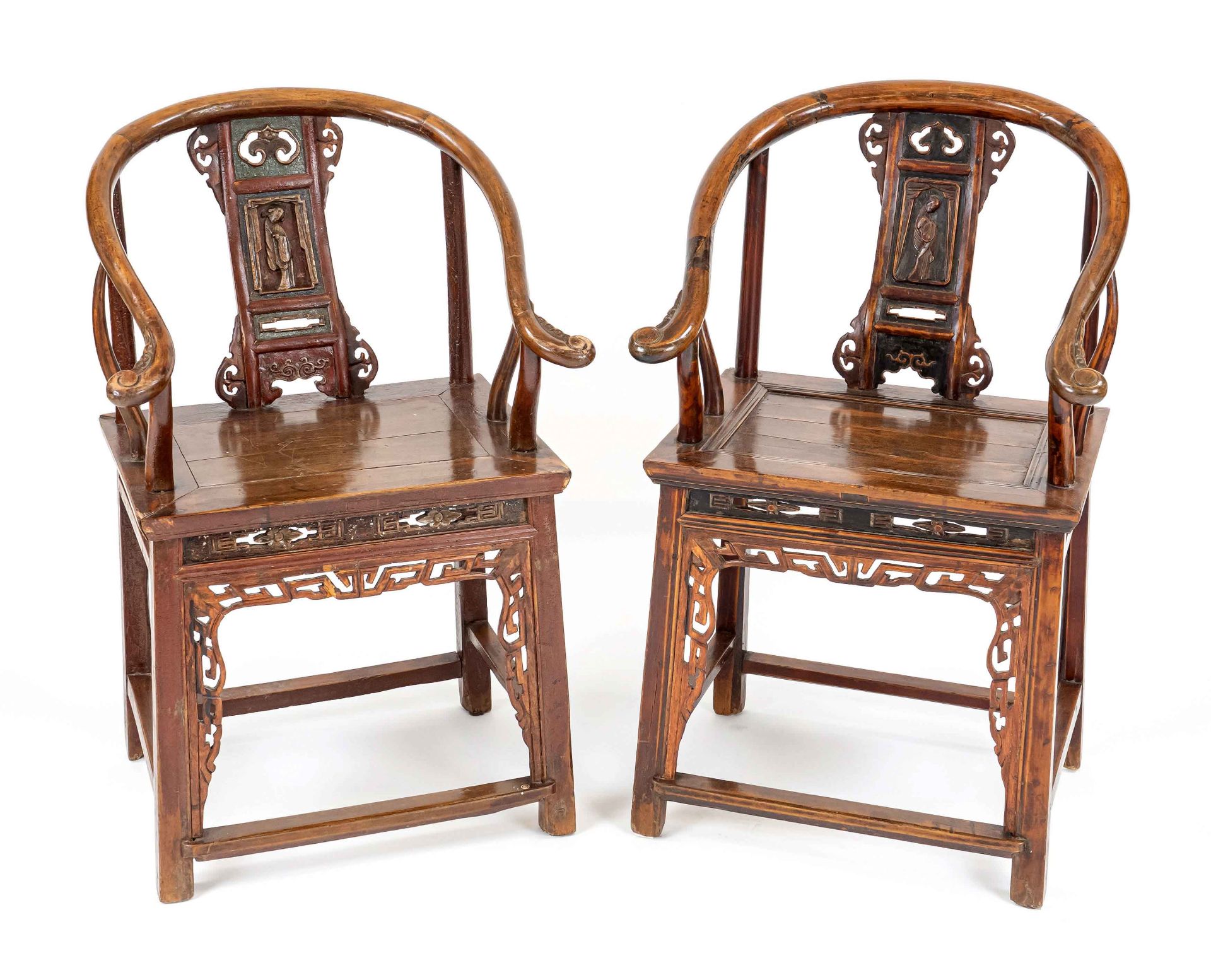Pair of Chinese armchairs, 19th century, wetwood-like solid wood, typical carving, 88 x 55 x 43 cm
