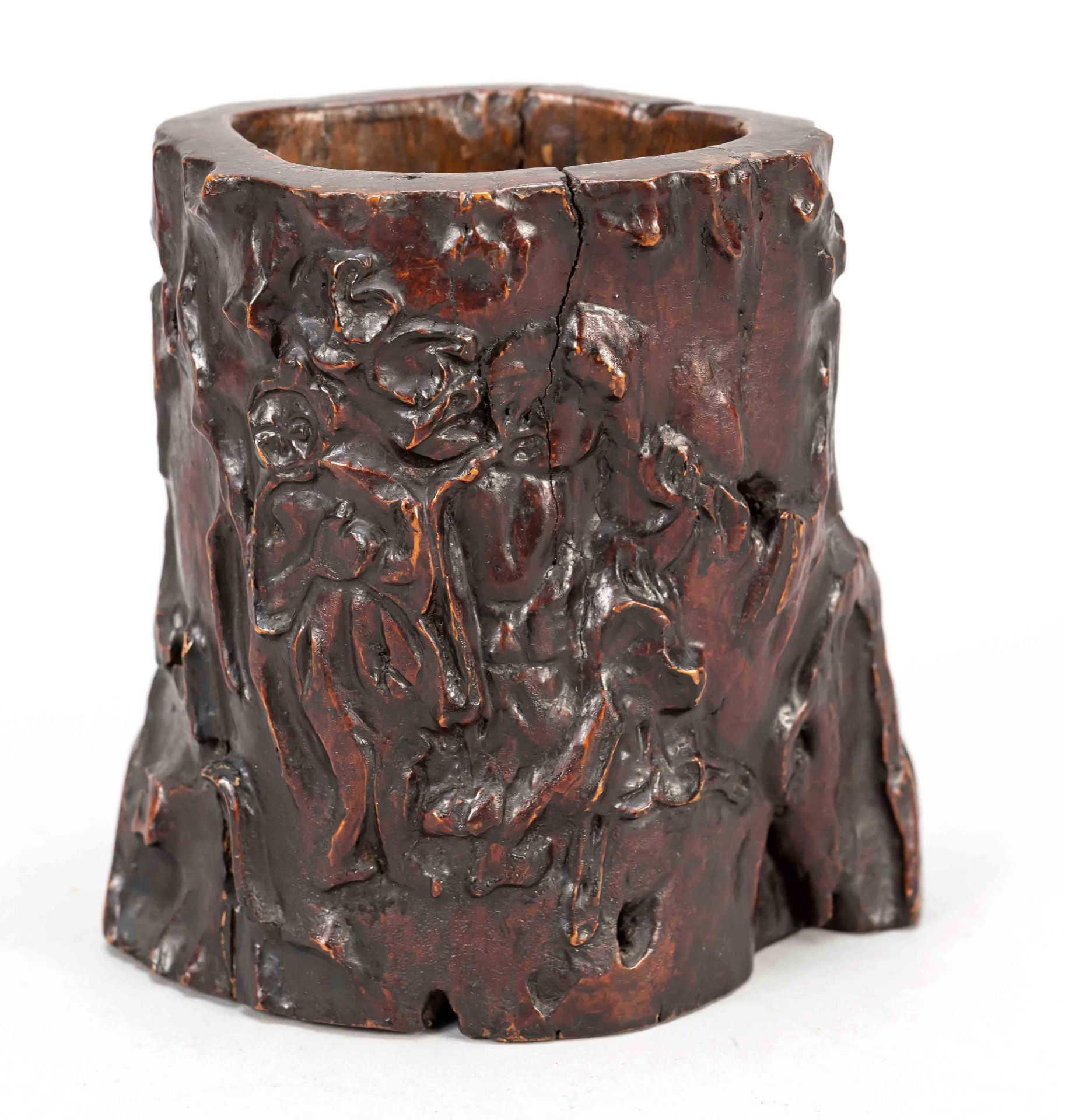 Bitong brush cup in tree shape, China, Republic period(1912-1949), wood painted with reddish