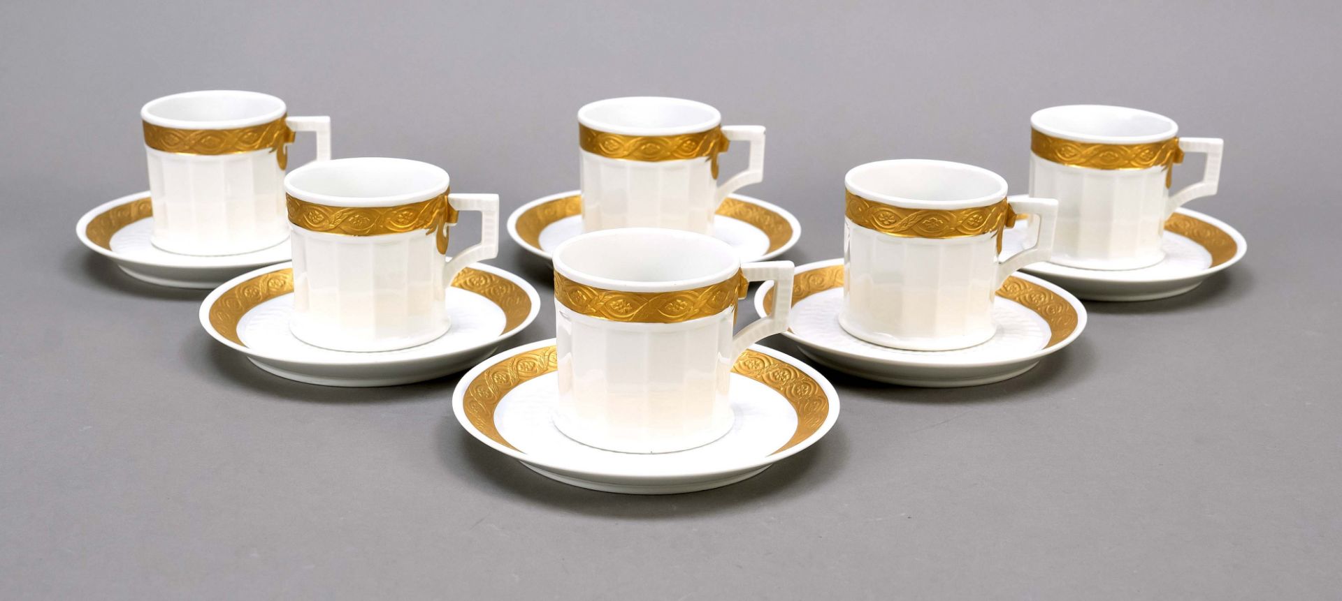 Six cups with saucers, Royal Copenhagen, Denmark, marks 1969-79, classicistic form, design Arnold