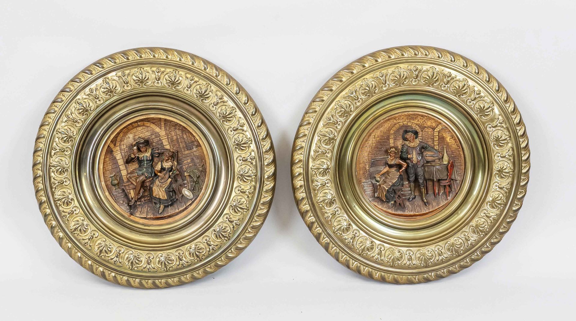 Pair of large ornamental plates, 19th/20th century, wood carving polychrome painted, profiled and