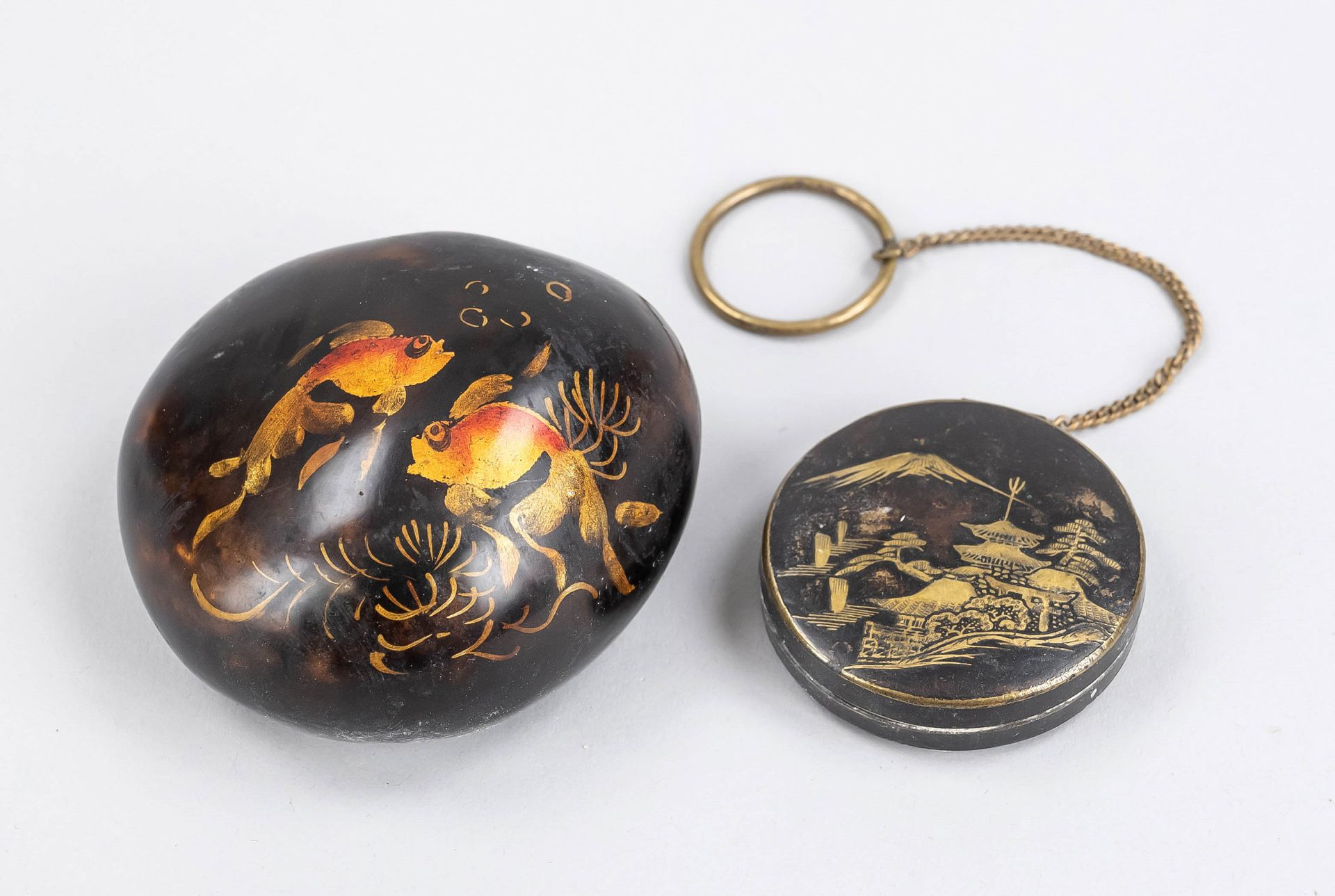 Paperweight and powder box, Japan and China, 19th/20th century, stone with lacquer painting of two