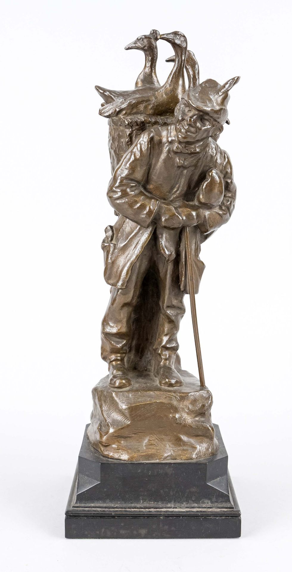 signed E. Kircheisen, sculptor c. 1900, friendly goose seller, light brown patinated bronze on