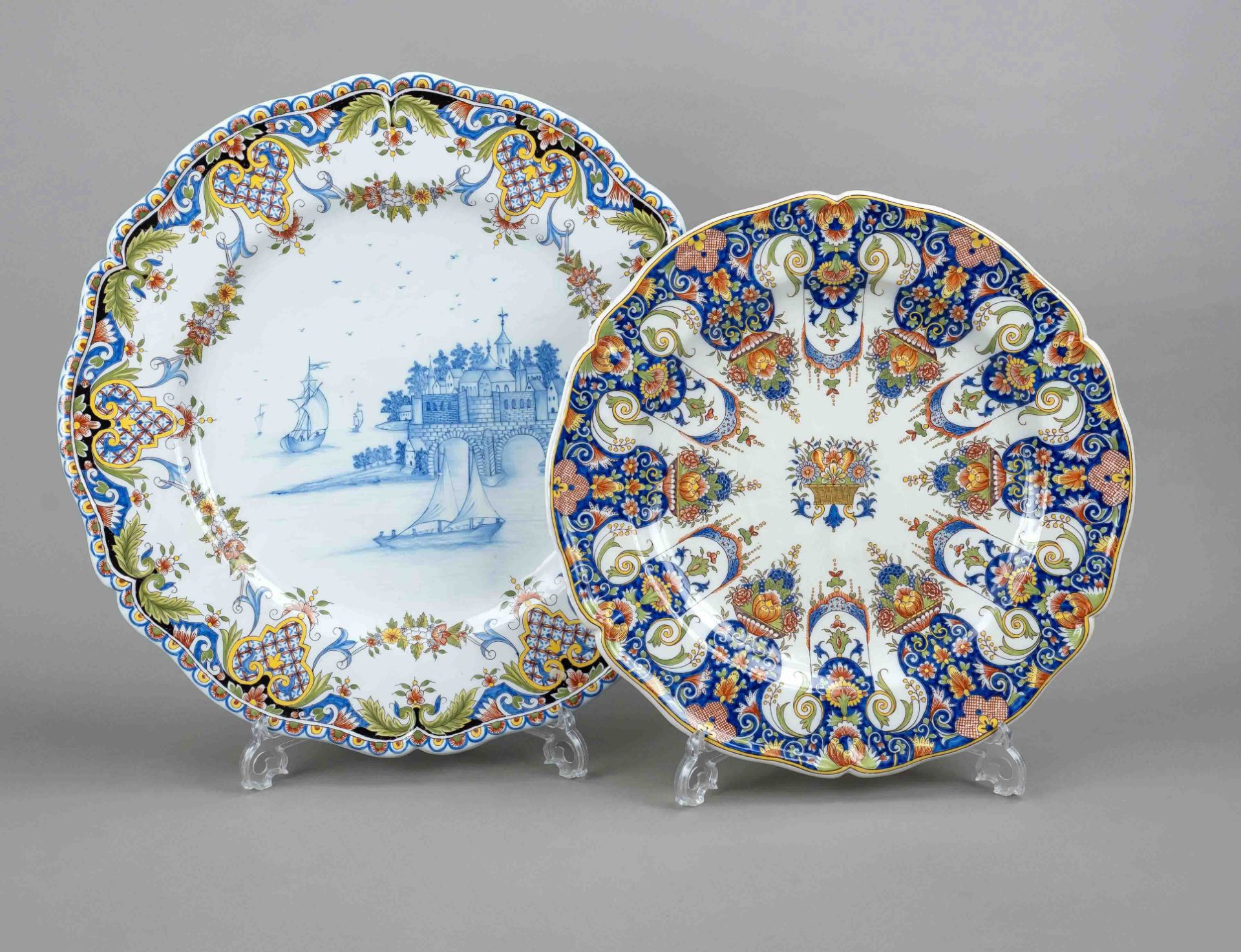 Two very large majolica plates, 21st century, in the style of old Italian ceramics, each with