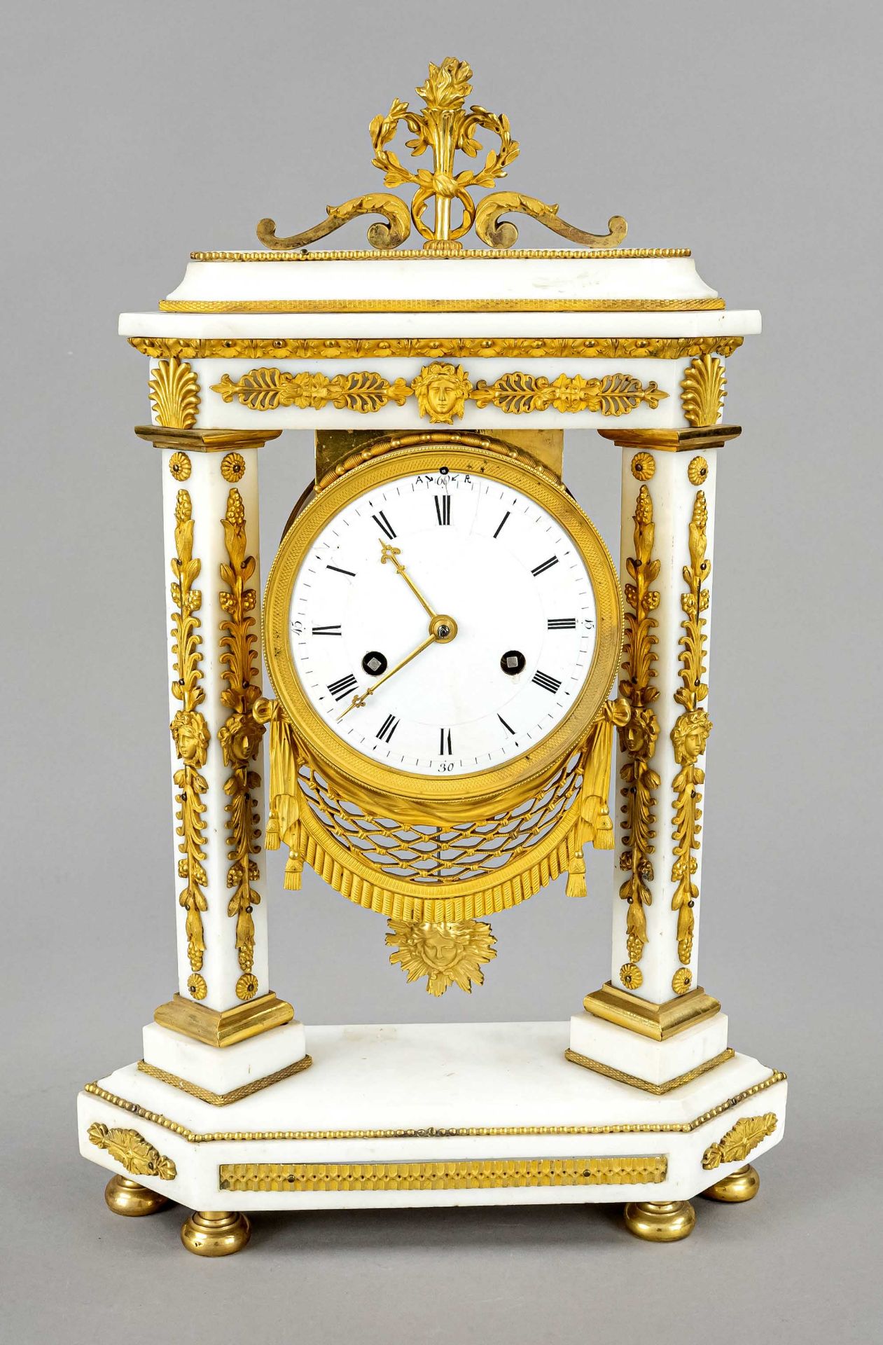 french. Louis Seize columned pendulum, 1st half 19th c., fire gilded, white marble, with gilded