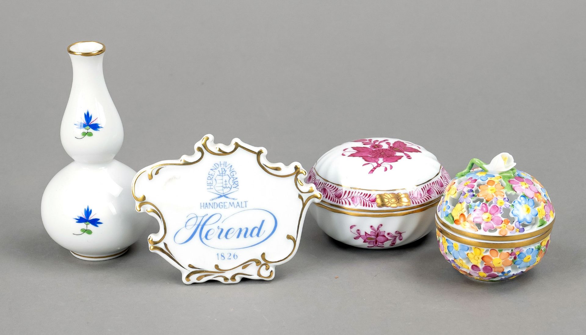 Set of four small pieces, Herend, Hungary, 20th c., different shapes and decorations, round lidded