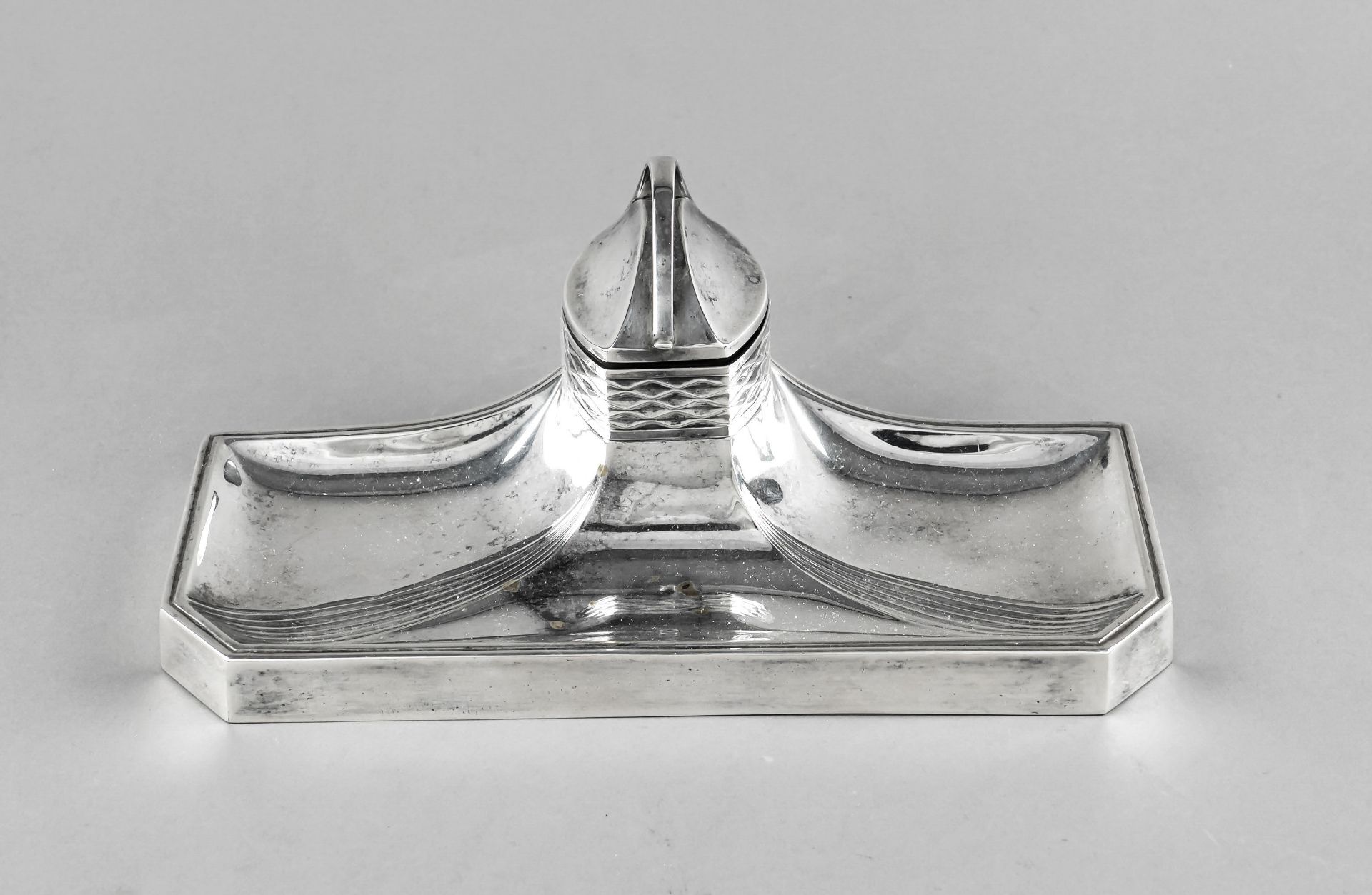 Art nouveau inkwell, German, c. 1900, maker's mark WMF, Geislingen, plated, rectangular shape, front